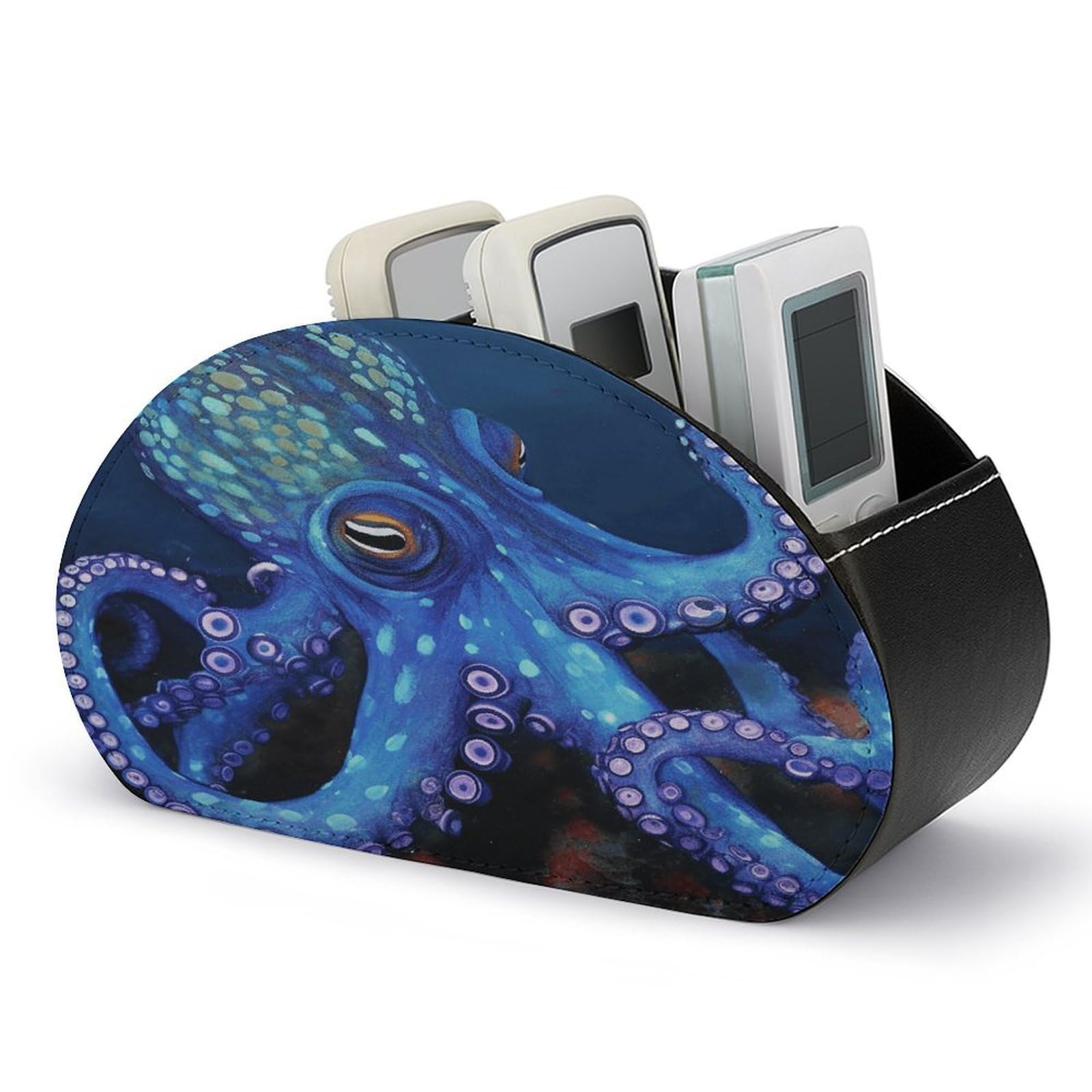 VstaDank Blue Octopus Remote Control Holder Farmhouse TV Media Remote Storage Box with 5 Compartments PU Leather Remote Caddy Desktop Organizer for Home Bedside Table Organizer