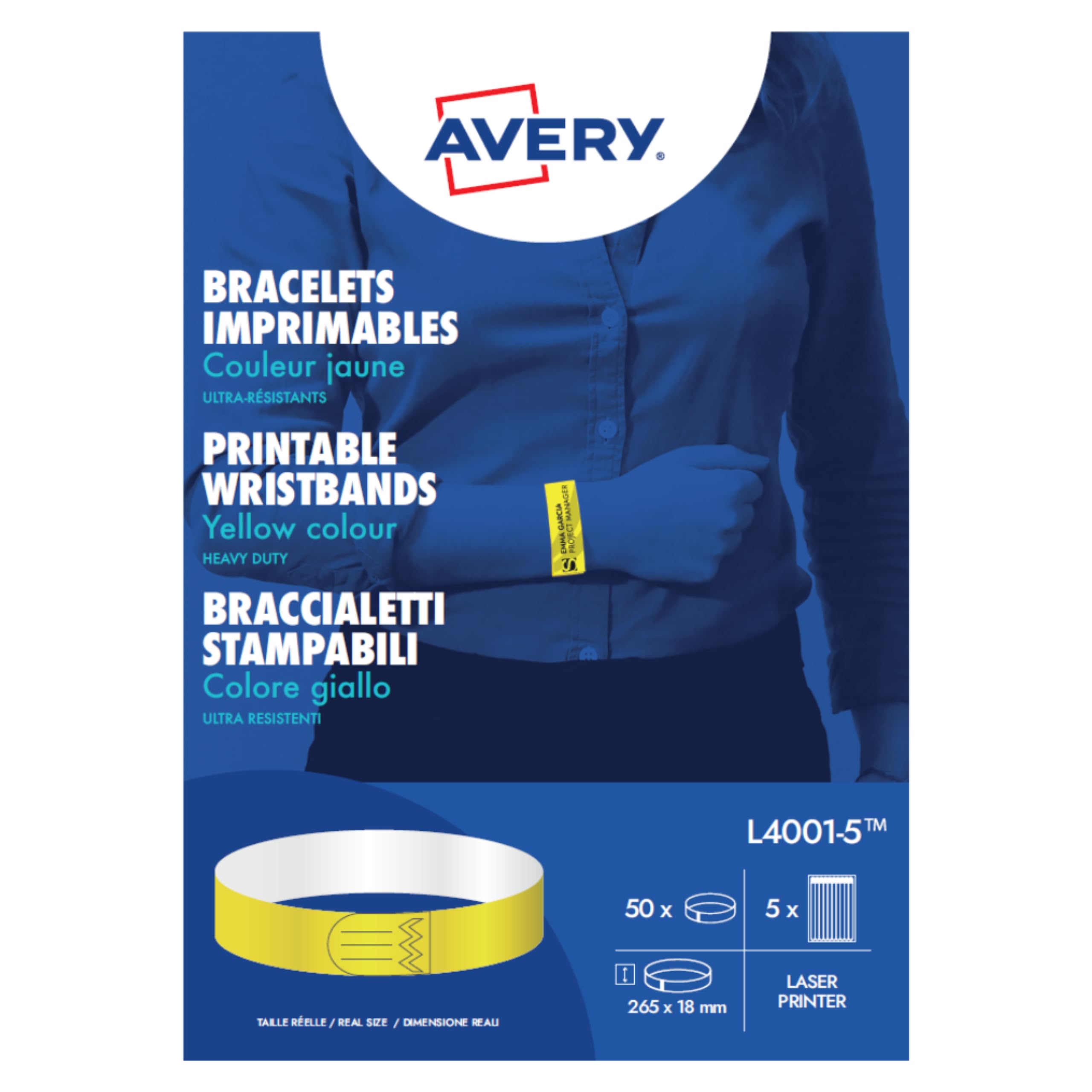 50 bracelets d'identification imprimables laser - 265 x 18 mm - Jaune