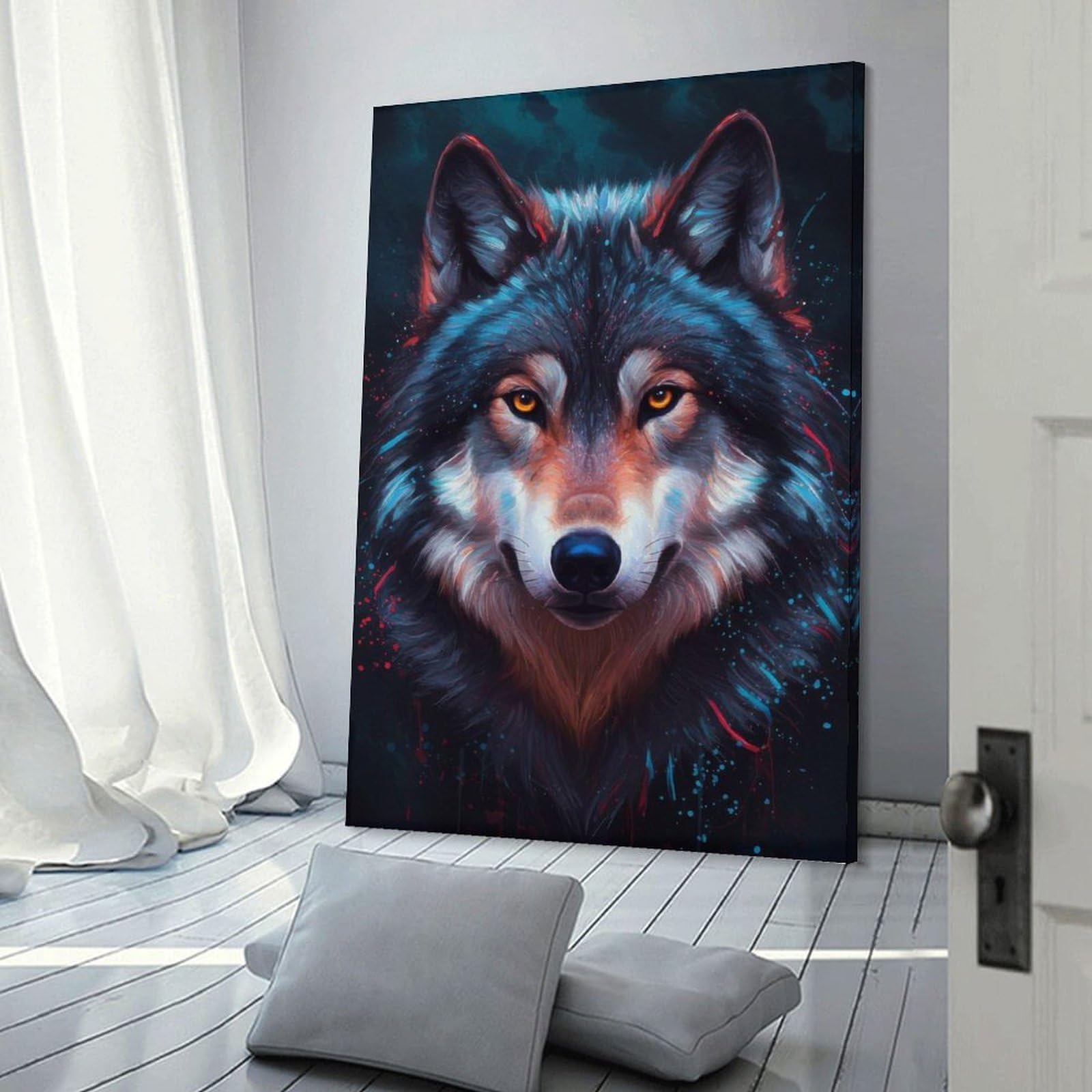 Junmoney Frame-Style-23 Wolf Portrait With Splashes Canvas Wall Picture, 20X30inch(50X75cm), For Study, Office Or Focused Interiors, Home Office Artwork With Decorative Appeal