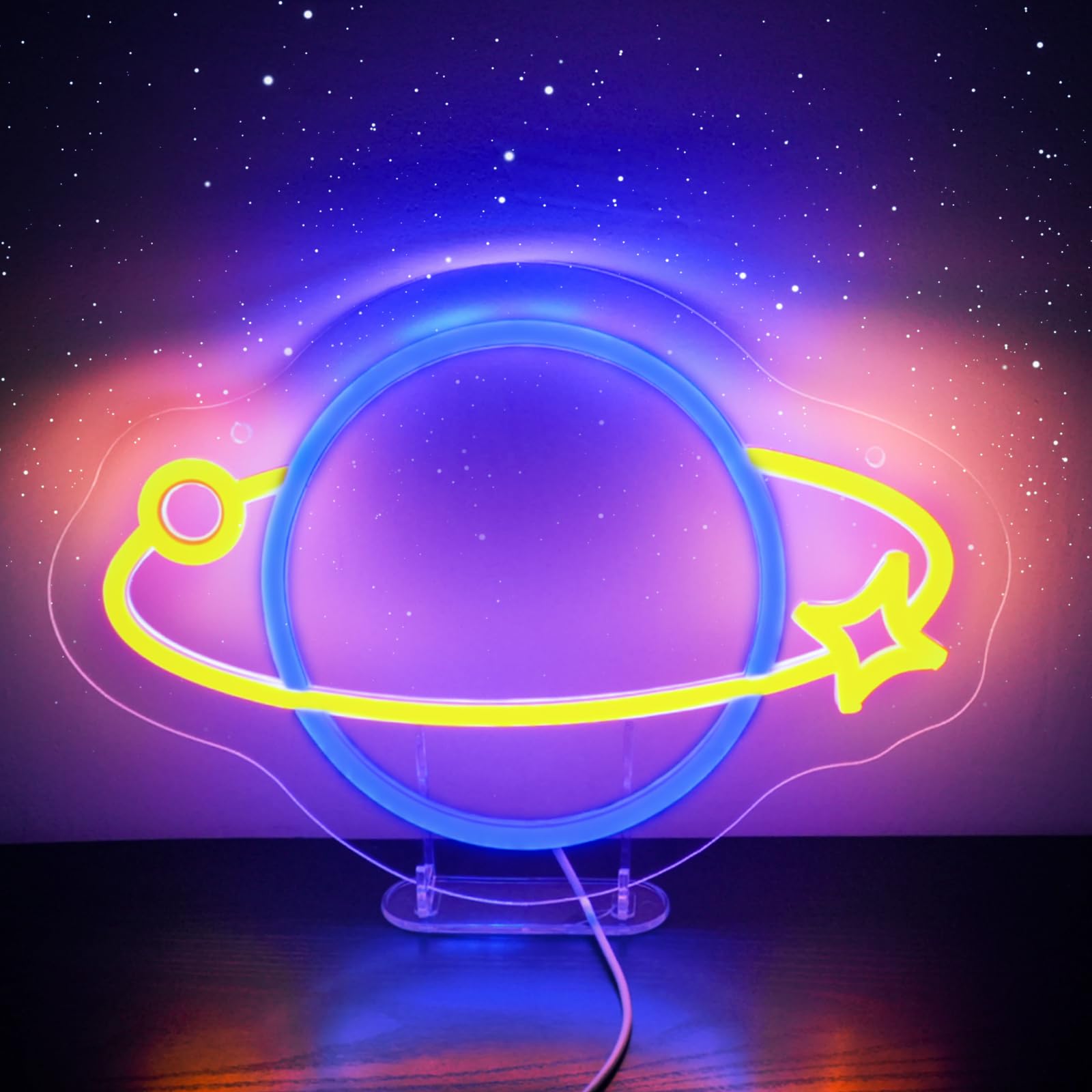 Pianeta Insegna al neon per decorazione da parete, luci notturne a LED dimmerabili, alimentata tramite USB, pianeta e stella, per camera da letto, sala giochi, club, regali per bambini amanti della