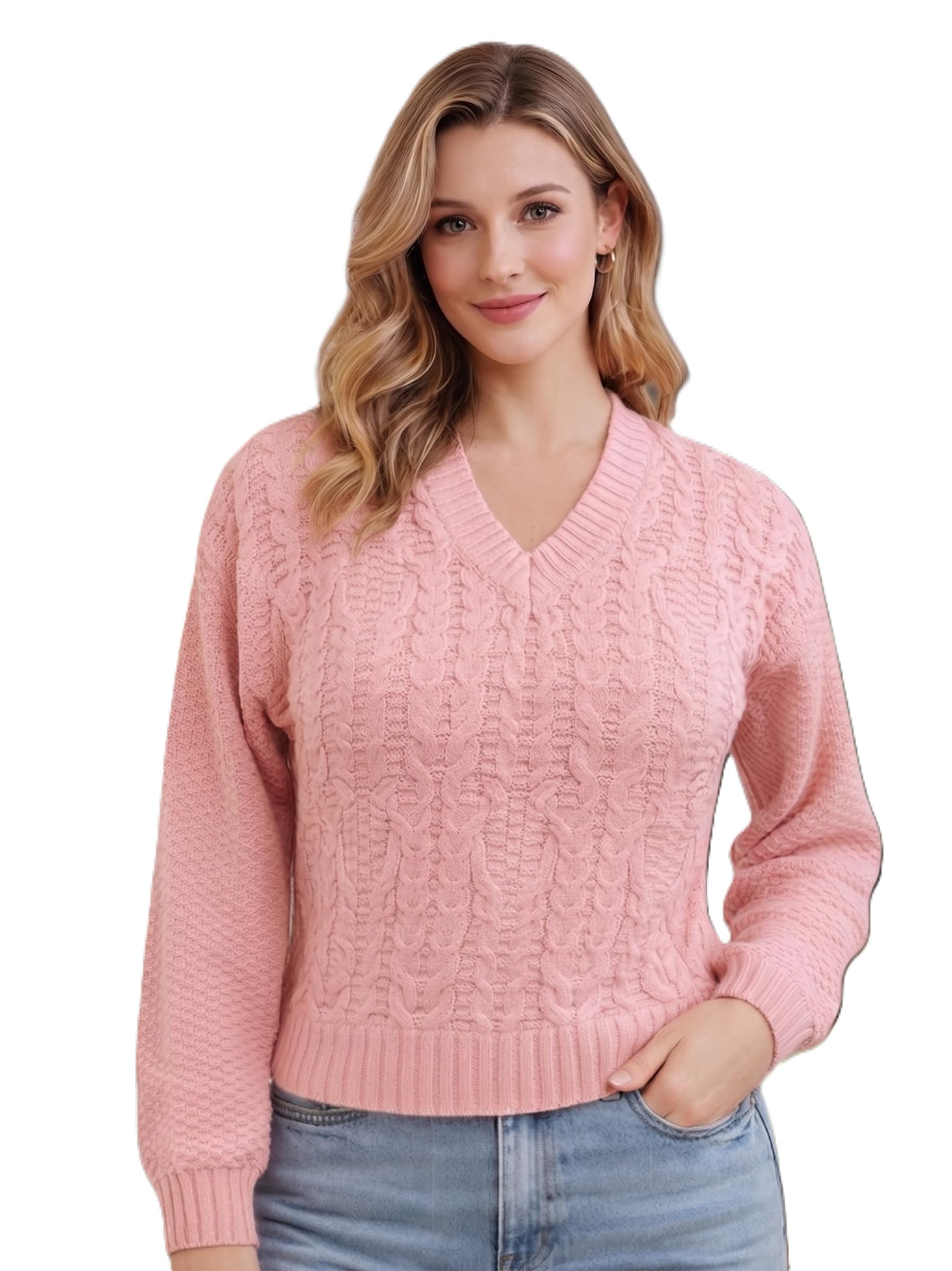 Women V Neck Self Design Full Sleeve Acrylic Pullover Sweater for Winter Wear-image-20