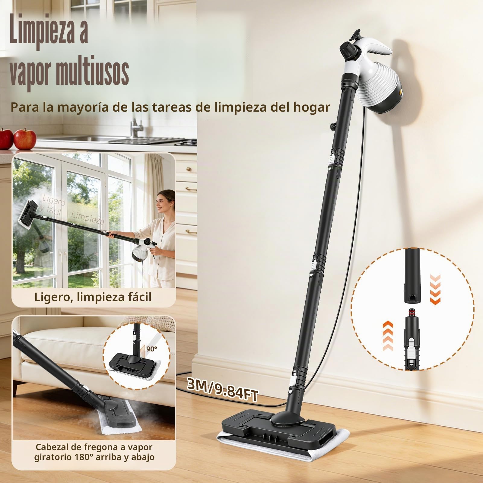 2 en 1 Limpiador a Vapor/Fregona Vapor, 1050W Steam Cleaner 135°C Calentamiento Rápido con 350ml Depósito, Limpiador de Vapor para Diversas Superficies Como Azulejos Sofás y Cocinas