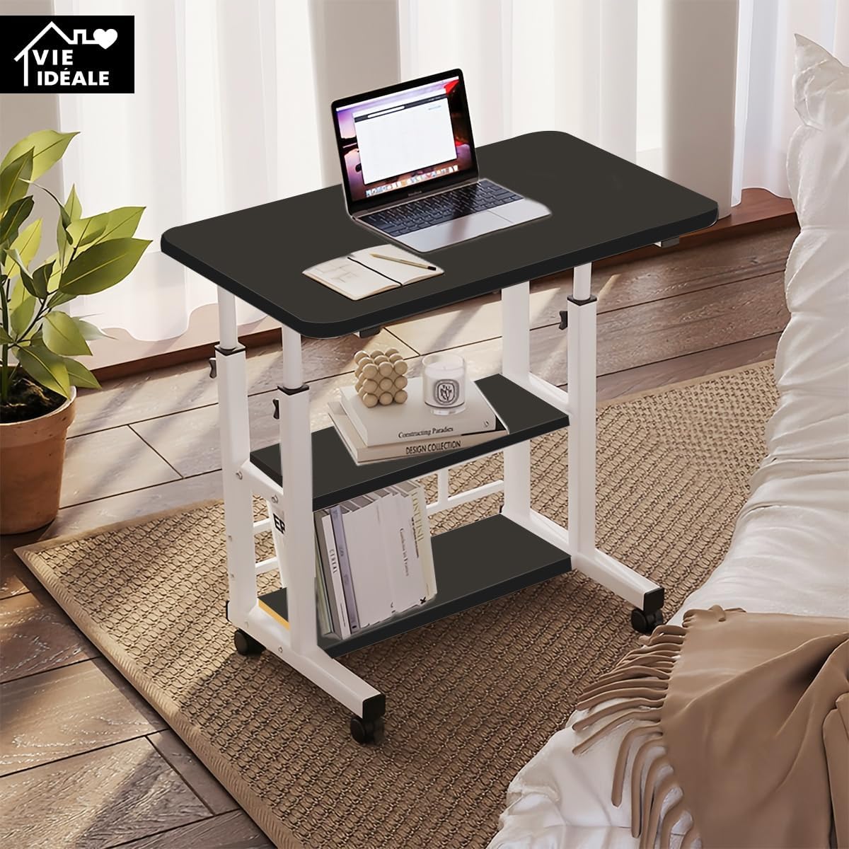 Mesa portátil para sofá e cama, mesa lateral para laptop com altura ajustável (Preto)