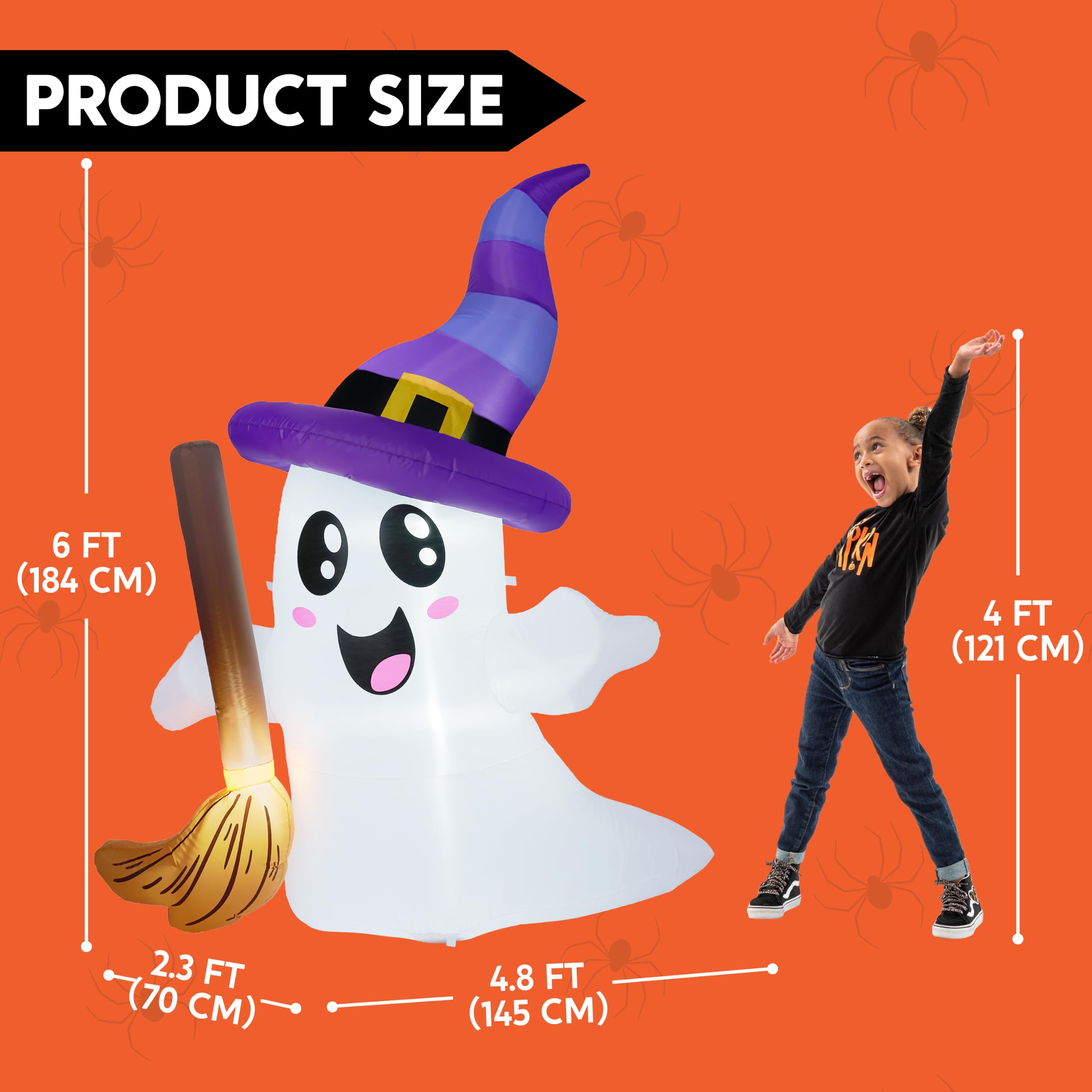 JOYIN Decorazioni gonfiabili per esterni con fantasma alto 1,8 m, con simpatico fantasma che tiene scopa con LED, decorazioni per Halloween, esterni, cortile, giardino, prato, decorazione per feste