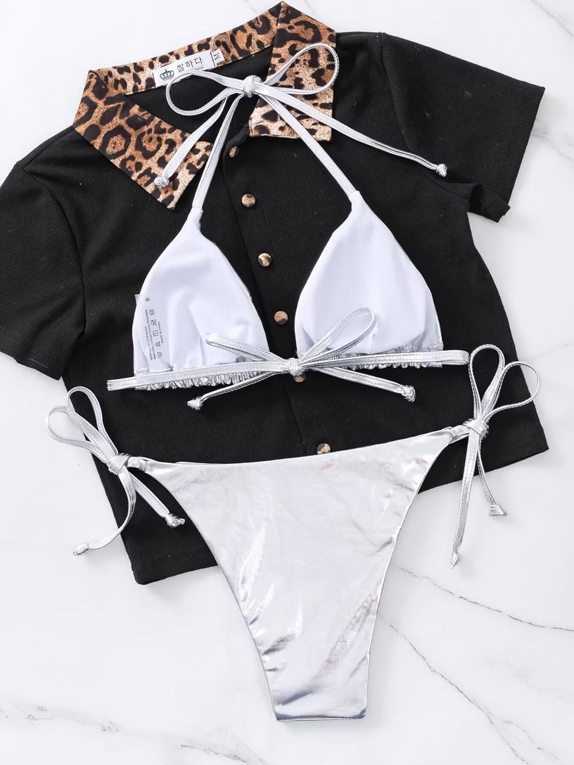 Women's Metallic Shiny Bathing Suit High Waisted Triangle Tie Side Swimsuit Bikini Set - Image 3