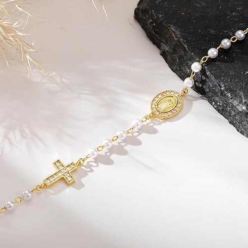Miniatura 7 de NECOCY Gold Bracelets for Women, Dainty Silver14K Gold Plated Cross Bracelet Stack Pearl Bead Knot Cross Chain Bracelet Trendy Religious Christian