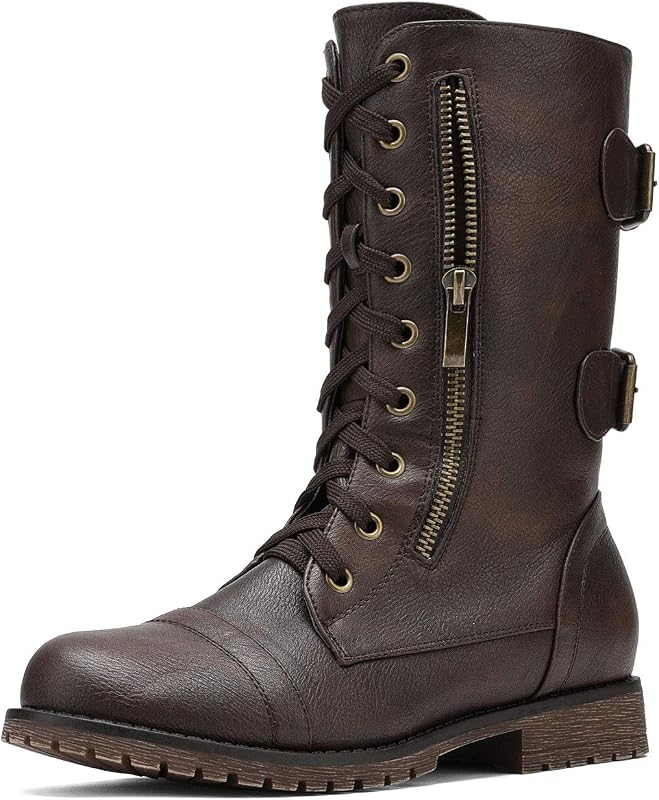 DREAM PAIRS Botas de combate militares con cordones y bolsillo tipo billetera incorporado a media pantorrilla para mujer