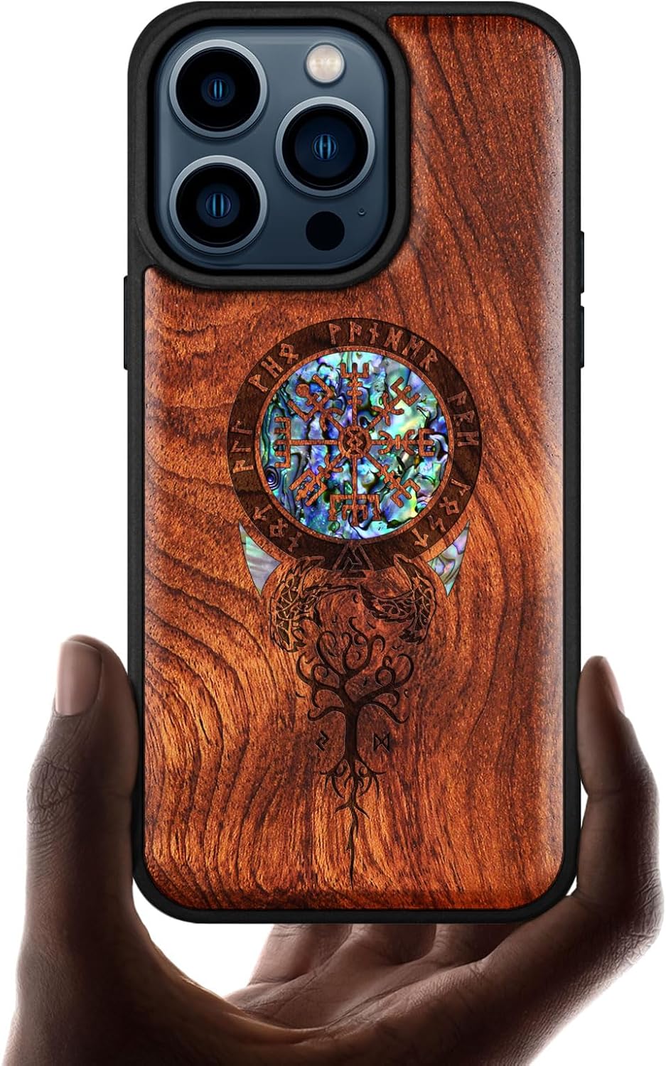 Carveit Wooden Case for iPhone 15 Pro Magnetic Case, Compatible with MagSafe Wireless Chargers, Shockproof Cover, Handmade Shell Inlaid & Wood Artisan Engraved (Viking Symbol) Rosy