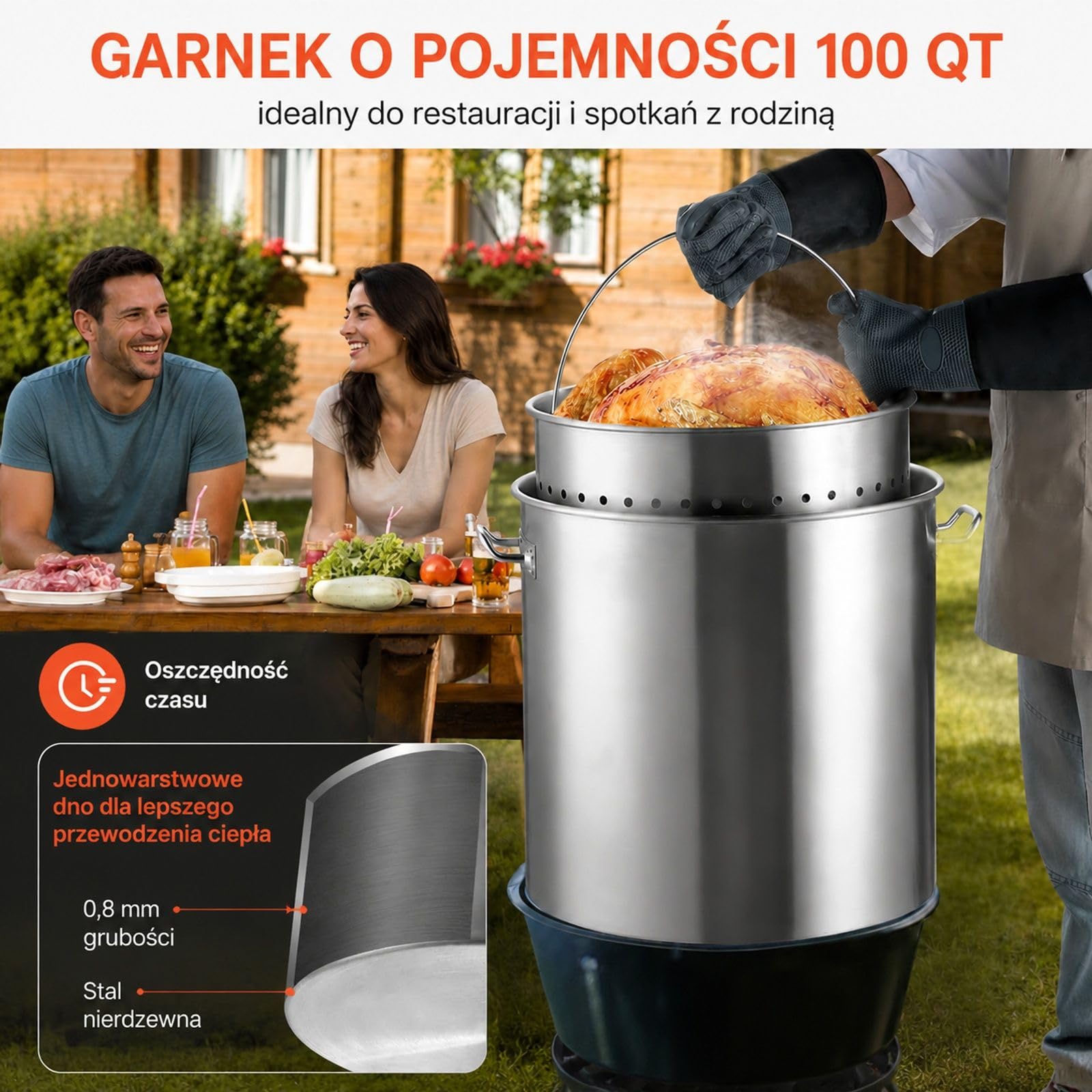 Garnek ze stali nierdzewnej 94,6 l z perforowanym koszem, pokrywką i uchwytami do gotowania i pary