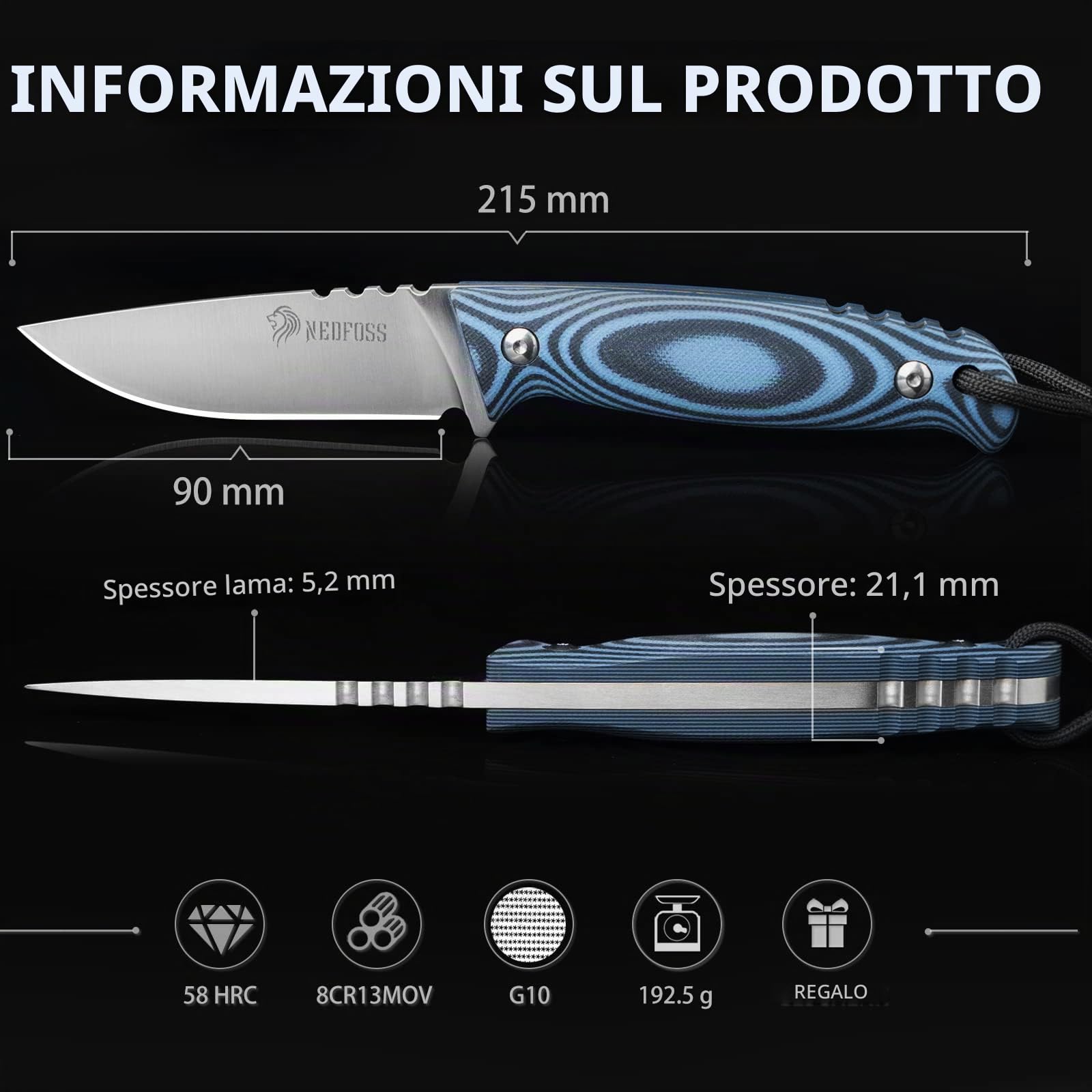 NedFoss HYENAS 9CM FULL TANG Coltello fisso da esterno, coltello da sopravvivenza affilato, coltello da campeggio, coltello da pesca, coltello da cespuglio, Ideale per campeggio, escursioni, regali