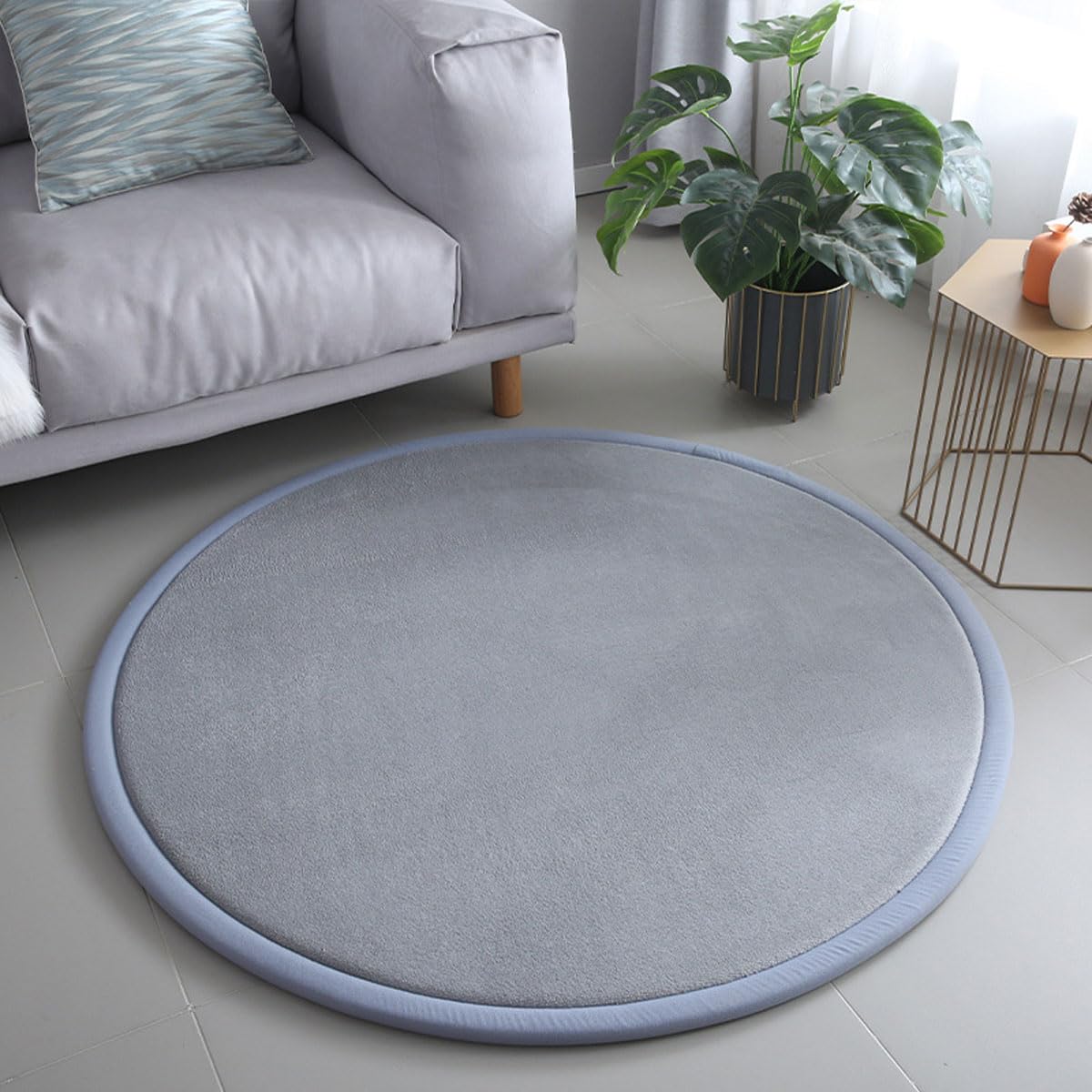 Dmkjdzsw Round Play Mat Carpet for Children Kids Room, Coral Velvet Crawling Mat for Nursery Baby, Thick 2cm- silver gray-∅130cm