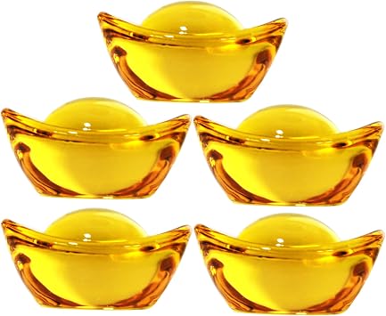 5 Pcs 1.3" Set Yellow Crytal Feng Shui Golden Ingot/Yuan Bao YuanBao for Wealth Luck Fortune with Gift Box