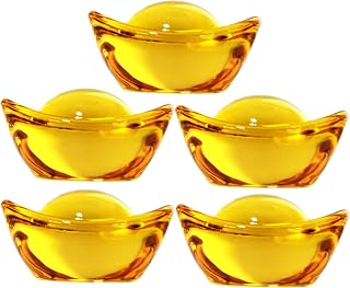 5 Pcs 1.3" Set Yellow Crytal Feng Shui Golden Ingot/Yuan Bao YuanBao for Wealth Luck Fortune with Gift Box