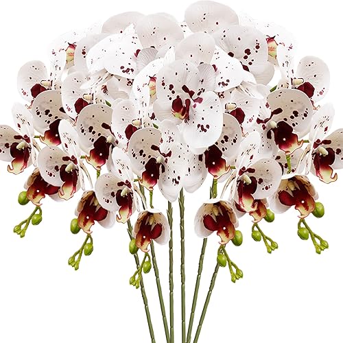 HinyoCo 6 piezas de orquídeas artificiales Phalaenopsis flores artificiales de tallo de 32 pulgadas para decoración del hogar y boda (blanco con
