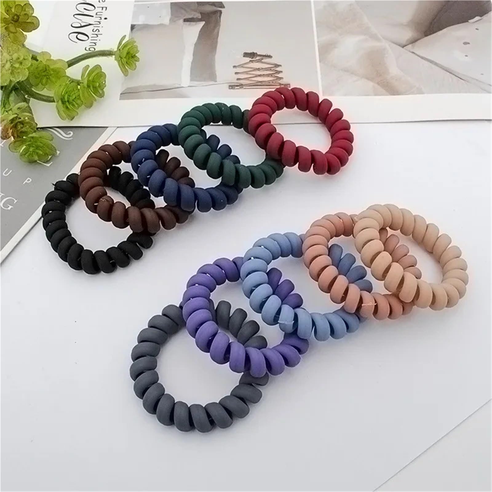 Elastici per capelli, 100 pezzi, satinati, opachi, in tinta unita, con filo telefonico, a spirale, colore: cachi