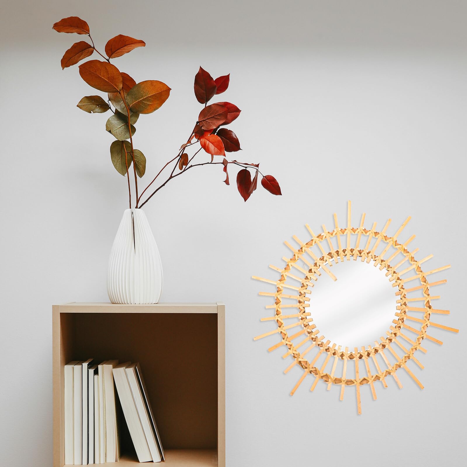 Runder Rattan Spiegel als Wanddekoration, Schminkspiegel, Gold
