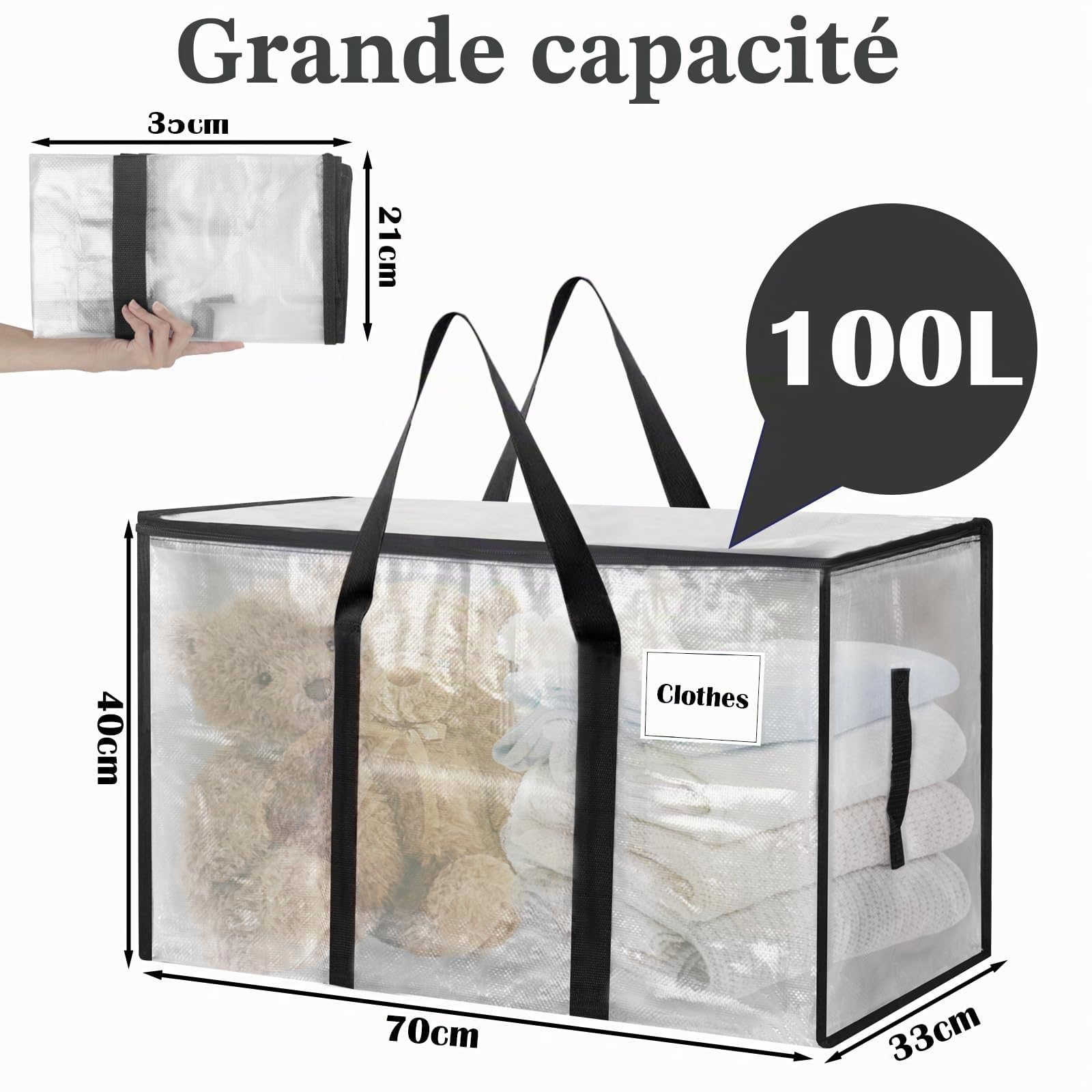 Withosent 100L Grand Sac de Rangement, Lot de 10 Imperméable Sacs de Déménagement avec Fermeture éclair et Poignée, Boite Vetement Couettes, Alternative aux Cartons Déménagement, Transparent
