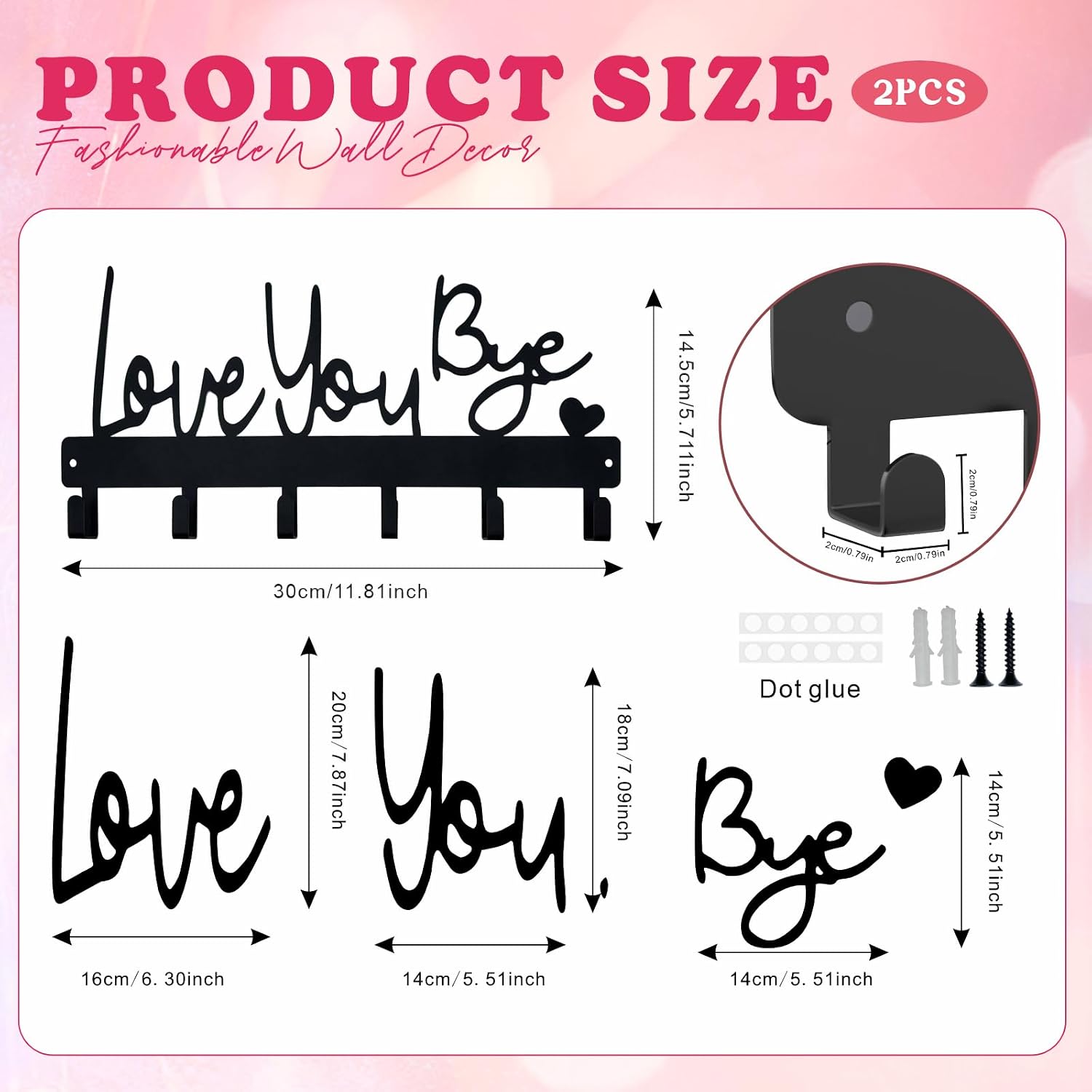 Valentines Key Holder Wall Mount, Love You Bye Key Holder for Wall, Key Holder Hook Rack Organizer Hanger with 6 Hooks for Entryway, Front Door, Hallway, Living Room (Love You Bye Artistic)