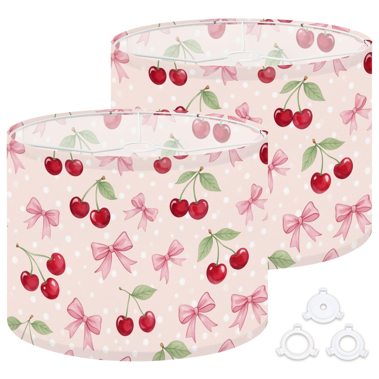 Fabric Round Drum Lamp Shade Cherry Pink Bow Soft Pink Vintage Medium Linen Decorative Assembly Replacement Lampshades 13inch Set of 2 for Table Lamps, Floor Lamps,Ceiling Lamp