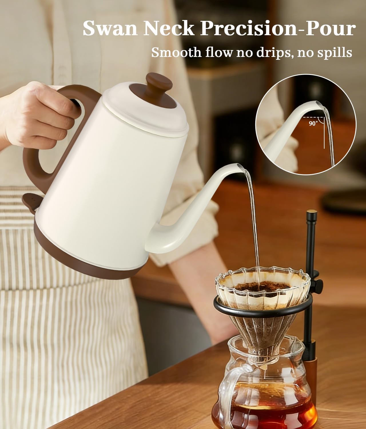 YTLAD Gooseneck Electric Kettle 1L, 1000W Fast Boiling for Pour-Over Coffee & Tea, 304 Stainless Steel BPA-Free, Precise Flow Spout, Auto Shut-Off & Boil-Dry Protection, Retro Style (White) - 3