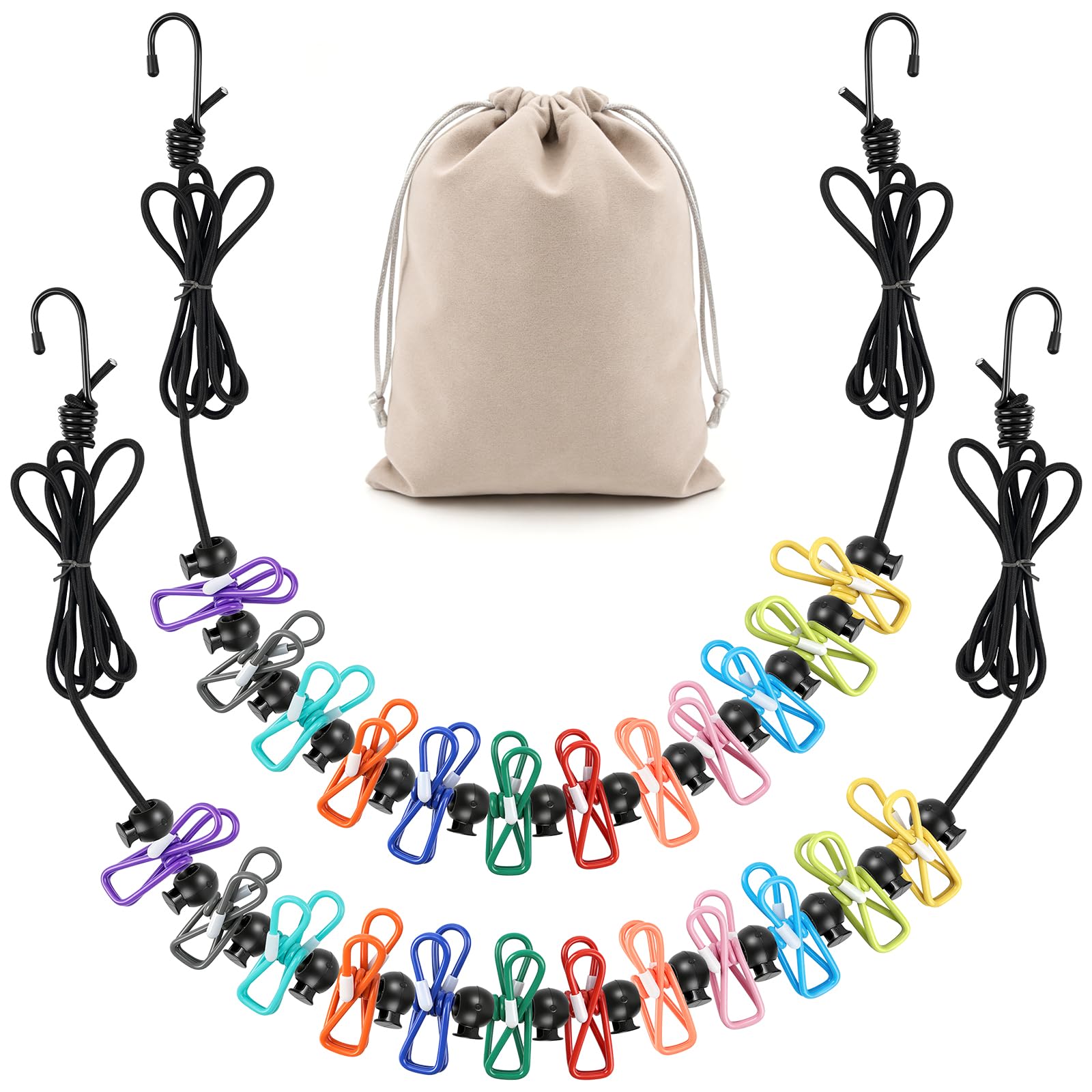 2Pcs Portable Clothesline with 24pcs Colorful Clips & 1Pcs Storage Bags