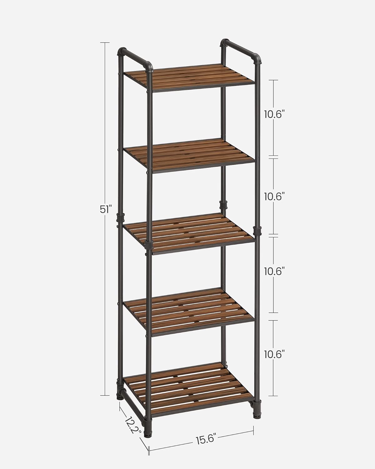 VASAGLE Bathroom Shelves, 5-Tier Storage Rack, Plant Flower Stand, 15.6 x 12.2 x 51 Inches, for Living Room, Balcony, Kitchen, Rustic Brown and Black UBSC25BXV2