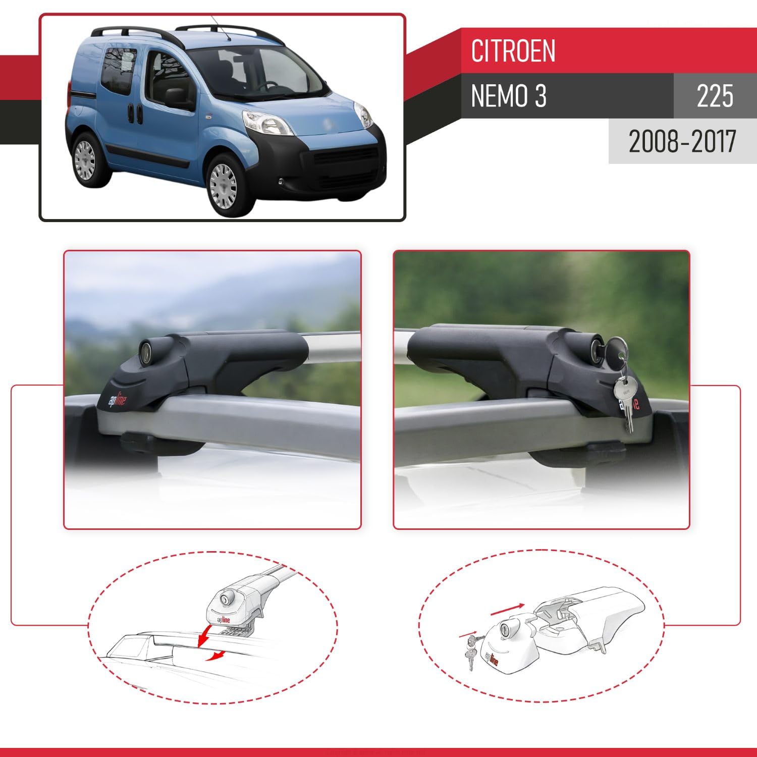 Pasuje do Citroen Nemo 3 (225) 2008-2017 ACE-1 relingi dachowe bagażnik samochodowy, szary, aluminium, 2 pręty