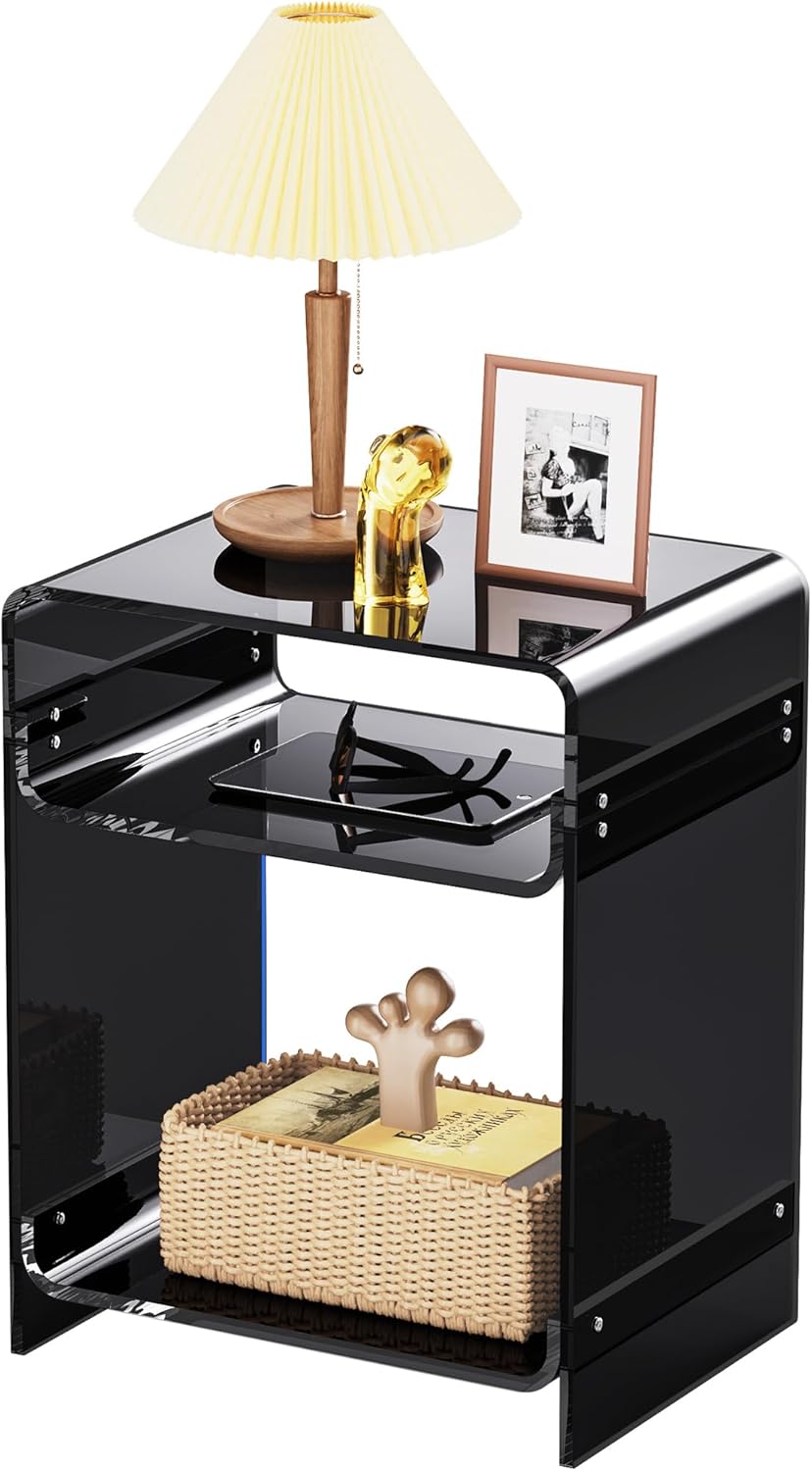 Acrylic End Table Record Player Table with Storage Shelf Clear Side Table Nightstand (Black)
