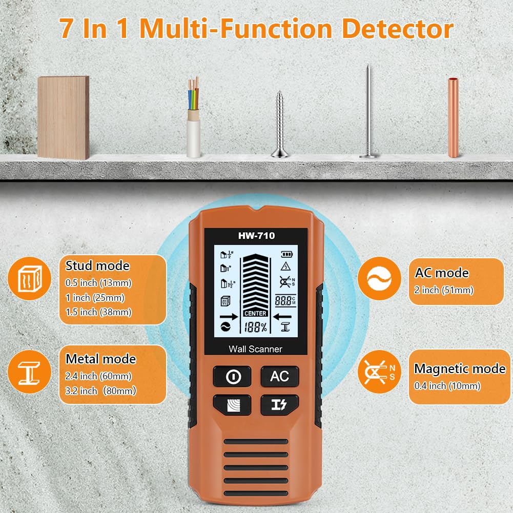 Flintronic Détecteur Mural 5 en 1, Scanner Mural, Détecteur De Boulons Multifonction, Scanneur Murals Avec Ecran LCD Et Alarme Sonore pour Localiser Les Métaux,Chevilles en Bois,Câbles électriques CA