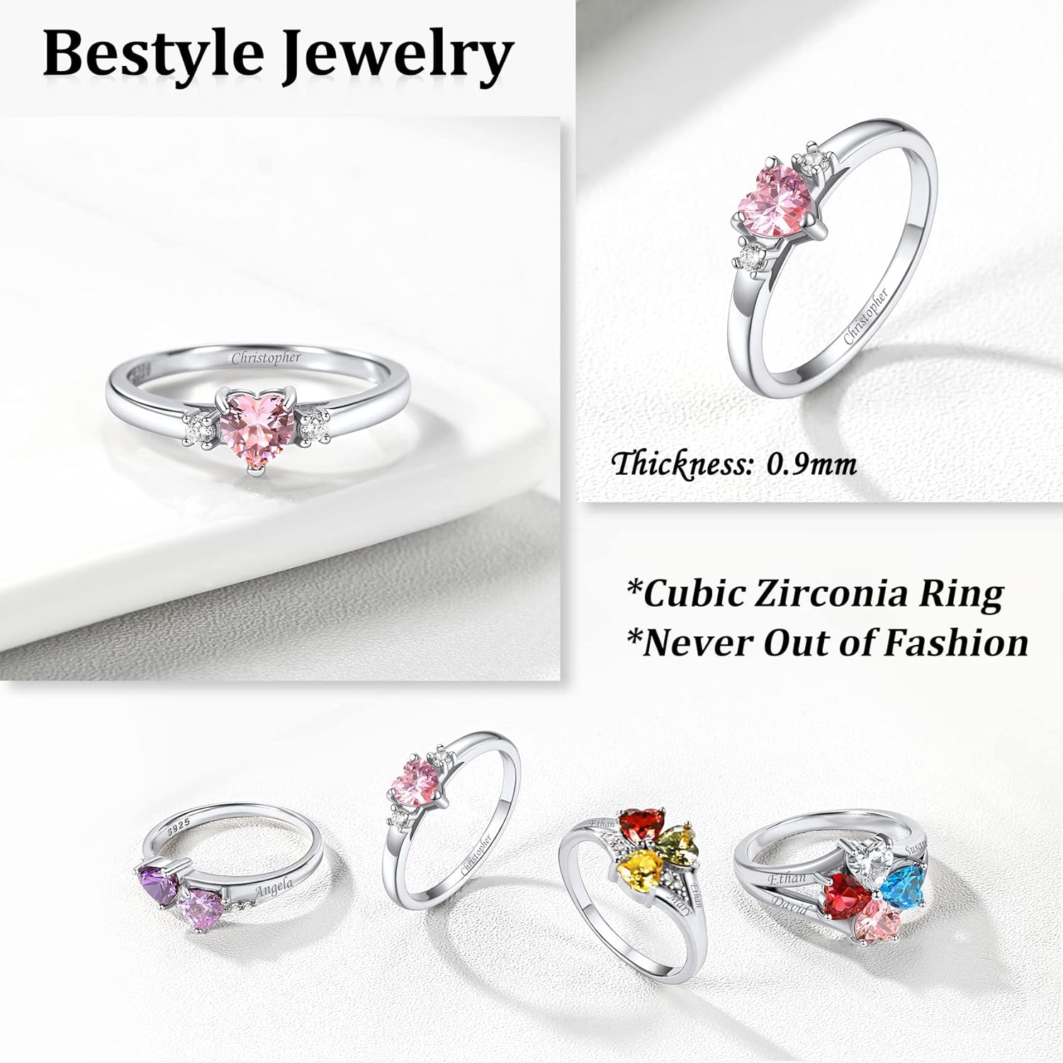 Bestyle Personlized 925 Sterling Silver Birthstone/Name Rings for Women, Sparkling CZ Love Band Rings for Wife/Mother/Grandmother, Great Jewelry Gifts on Thanksgiving/Christmas/Valentine's - Image 2