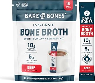 Bare Bones Instant Beef Bone Broth Powder Packets | 10g Protein 5g Collagen | Keto Paleo Friendly No Artificial Flavors 16 Pack