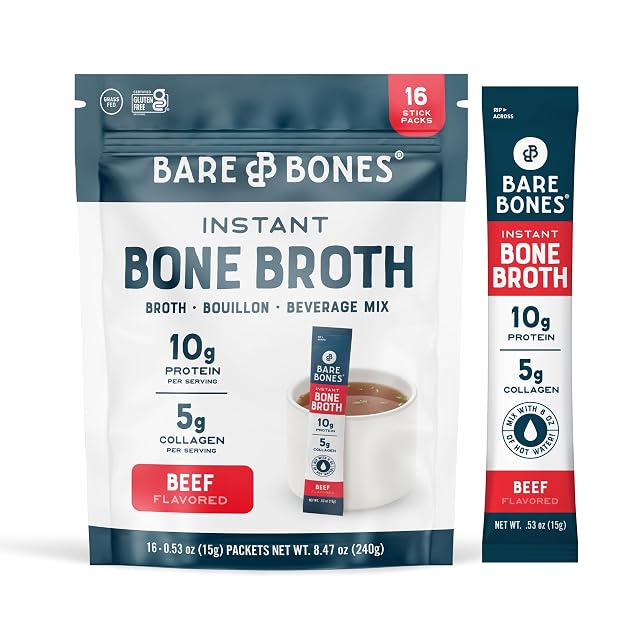 Bare Bones Beef Bone Broth Instant Powdered Mix Packets 5g Collagen 10g Protein Keto Paleo Friendly No Artificial