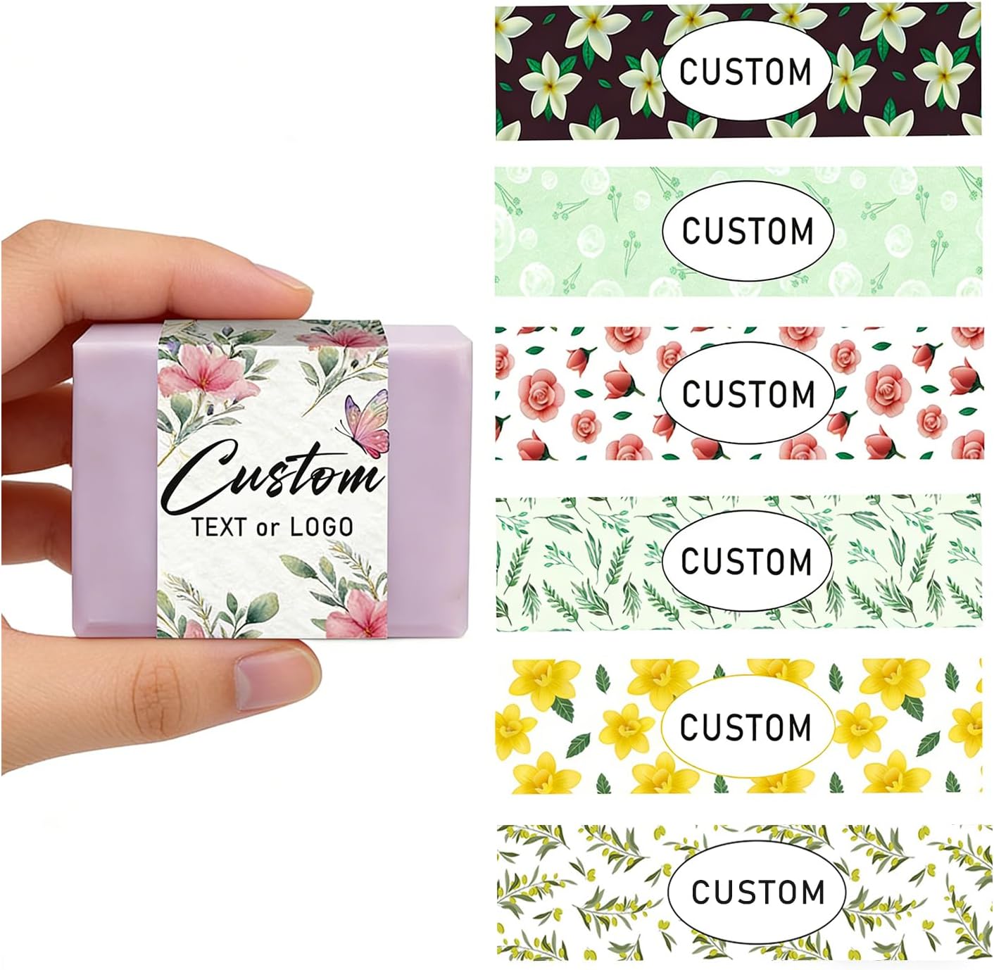 Custom Soap Wrappers with Floral Pattern,Personalized Soap Sleeves for Small Business, Crafters & DIY Gift Packaging,Self-Sealing with Free Double-Sided Tape,3 Sizes Available, 50-200 Pcs (Style 3)