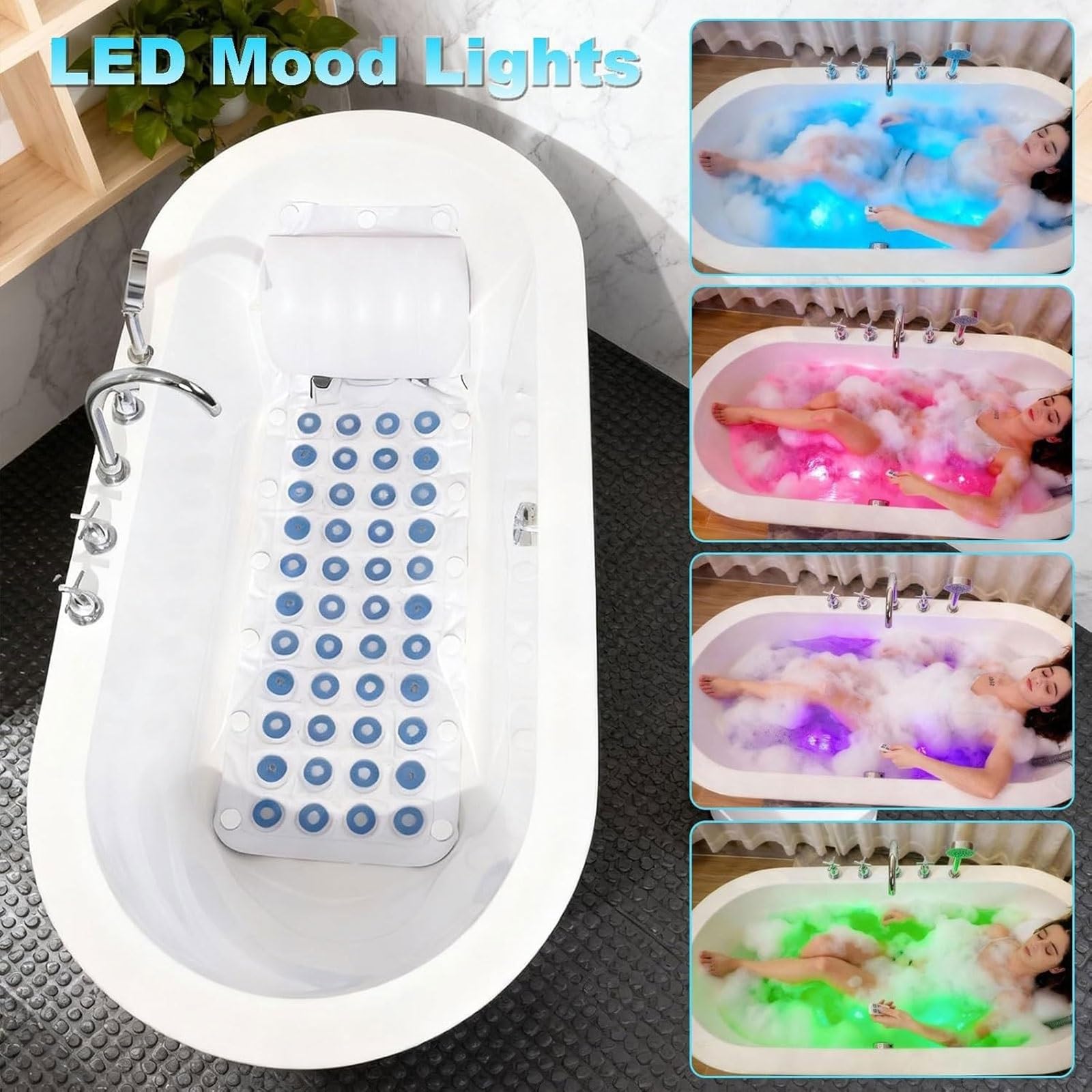 Tappetino massaggiante for bagnoschiuma luce LED telecomando for il relax | Tappetino spa impermeabile for tutto il corpo for una vasca da bagno liscia, regolazione a 6 marce, cuscino gonfiabile