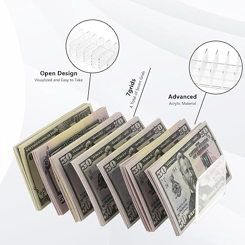 Miniatura 2 de Paquete de 2 bandejas acrílicas para dinero, bandeja de presupuesto de 7 secciones, organizador de dinero acrílico, organizador de dinero