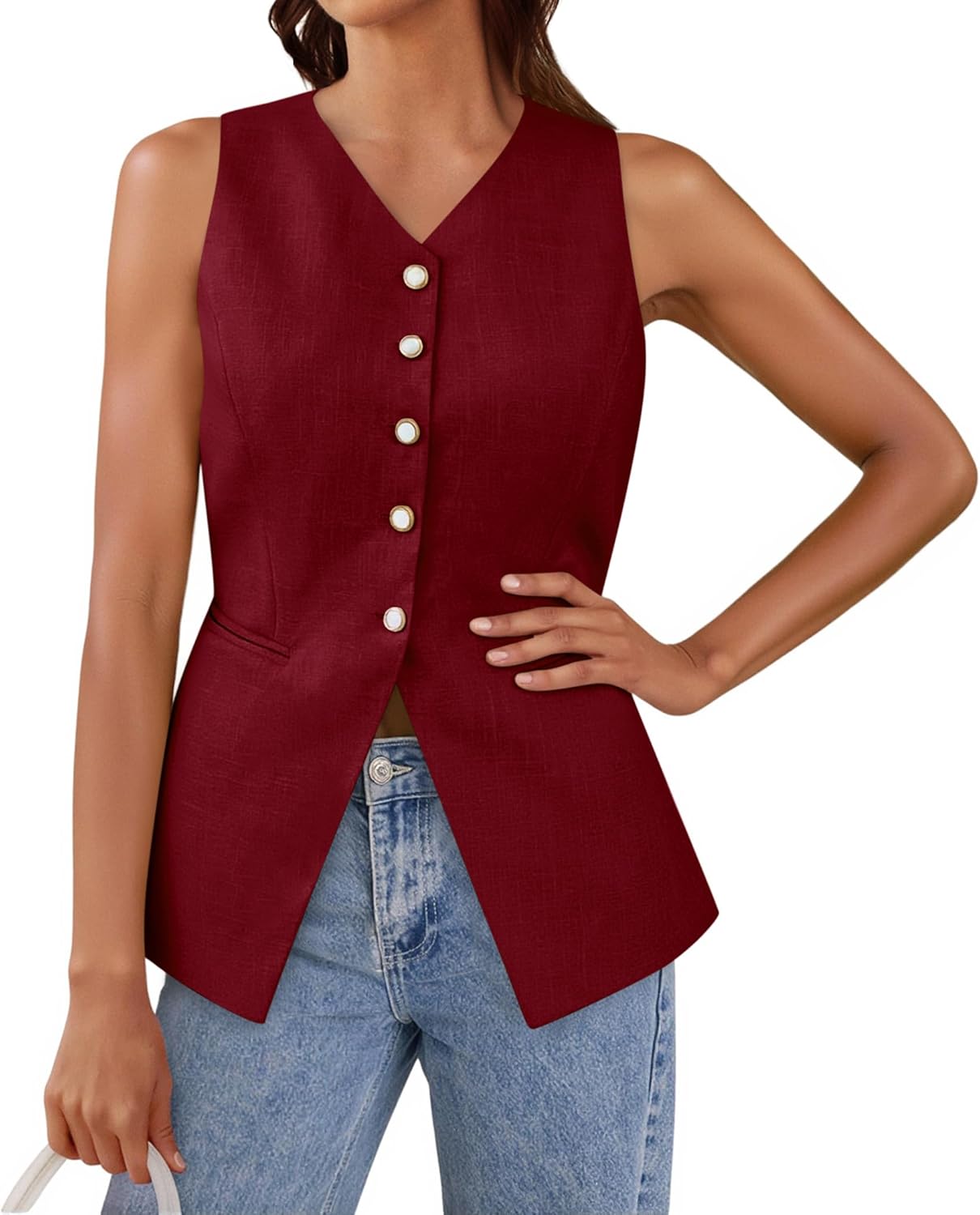 Tankaneo Womens Summer Suit Vest Tops Fashion Casual Sleeveless Blazers Split Hem Button Down Linen Work Waistcoat