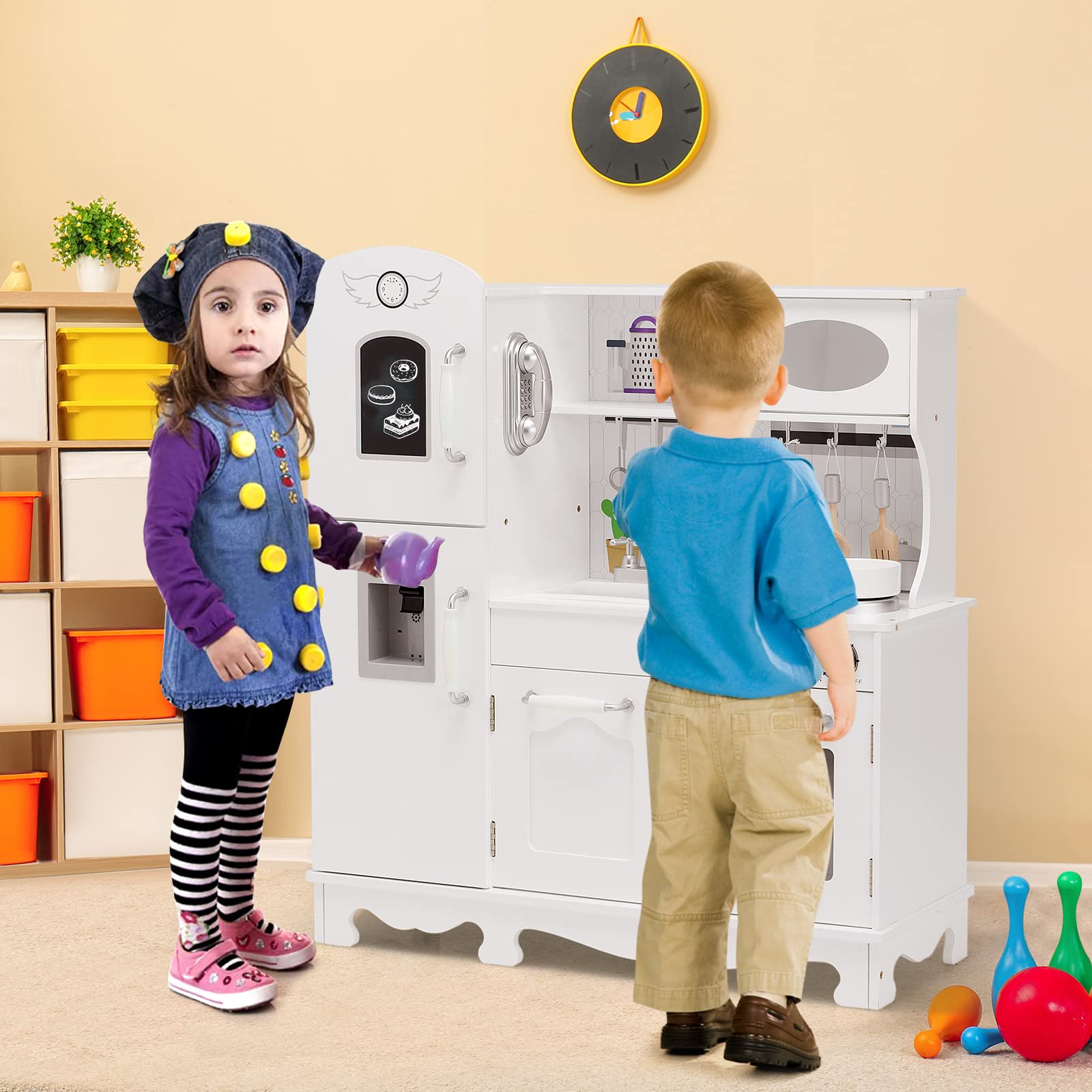 HOMASIS Kinderküche mit Licht & Sound, Spielküche mit Spielzubehör, Kinderspielküche mit Tafel Telefon Kühlschrank Spüle Herd Backofen, Spielzeugküche Holz, Küchenspielset für Kinder ab 3 Jahre, Weiß
