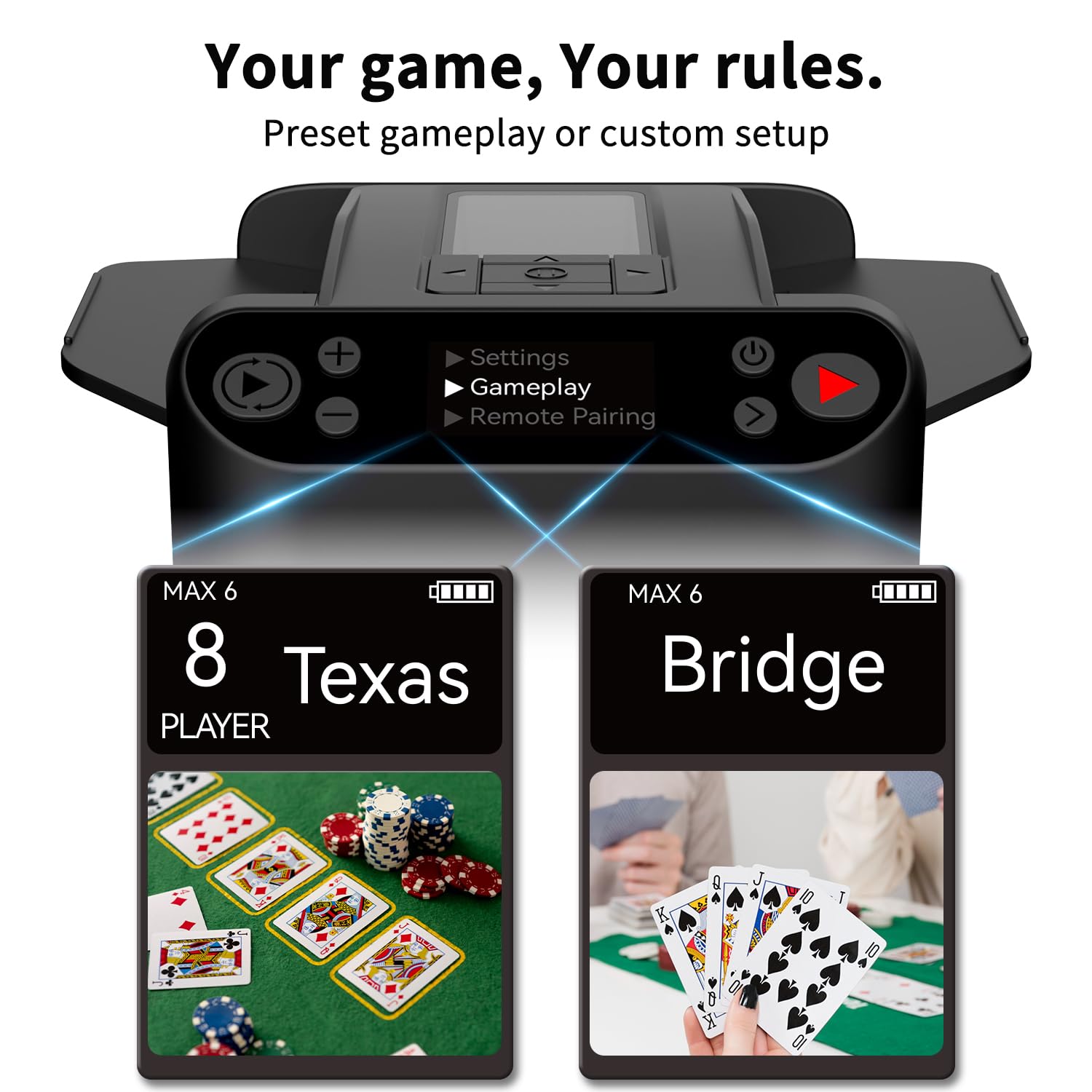 Automatischer Kartenmischer & Dealer für 1-2 Decks, wiederaufladbar, ferngesteuertes Kartenanrufen, ultra leise, unterstützt bis zu 12 Spieler, voreingestellte Spiele für Poker, Blackjack, Texas