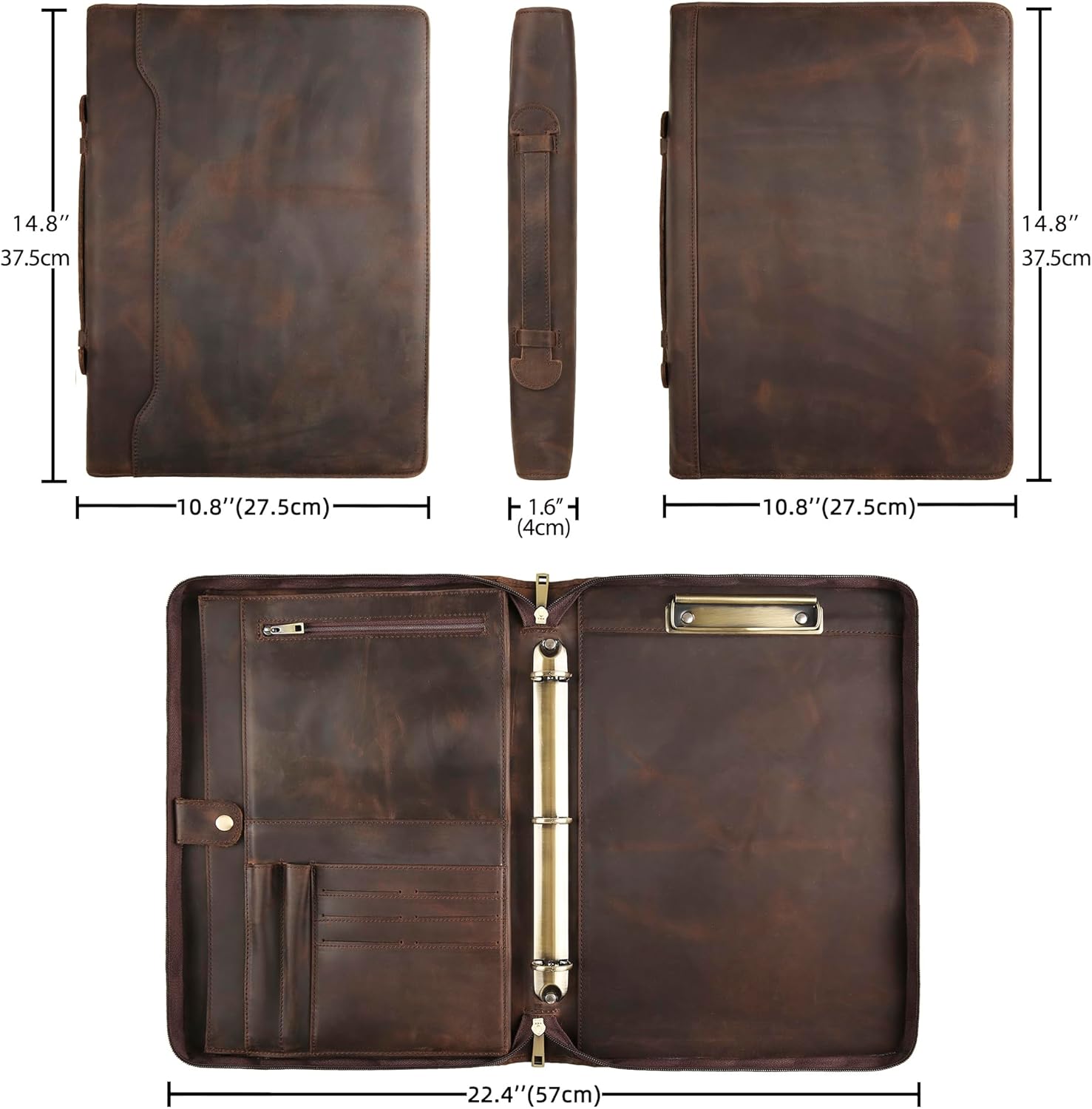 Personalized Padfolio for Men, 8.5 × 14” Legal Size Portfolio Organizer, Leather Binder 3 Ring, Leather Clipboard for Women, Leather Portfolio with Handle for 15-inch Laptop (Non-Custom. Dark Khaki)