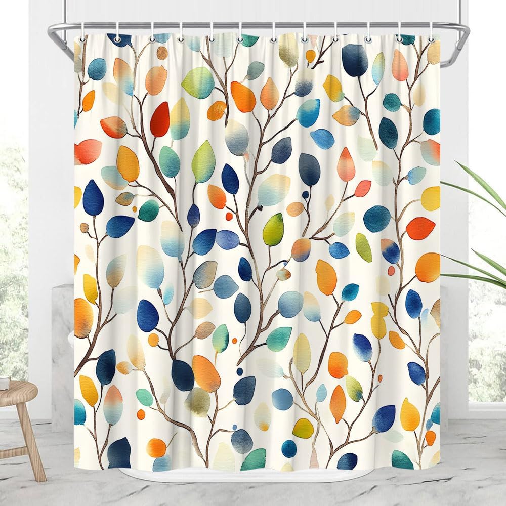 Colorful Floral Leaves Shower Curtain Boho Floral Bright Watercolor Flower Spring Summer Abstract Modern Colorful Botanical Leaves Boho Bathroom Decor Curtains 90x70 inch with Hook