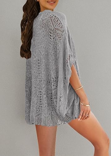 Miniatura 7 de Ermonn Cárdigan de ganchillo para mujer, frente abierto, kimono, manga murciélago, liso, casual, ligero, ropa de abrigo