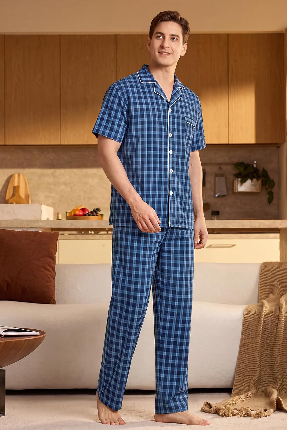 SWOMOG Mens 100% Cotton Pajama Set 2Pcs Button Down Pjs Set Short Sleeve Sleepwear with Long Pants Soft Stripe Nightwear