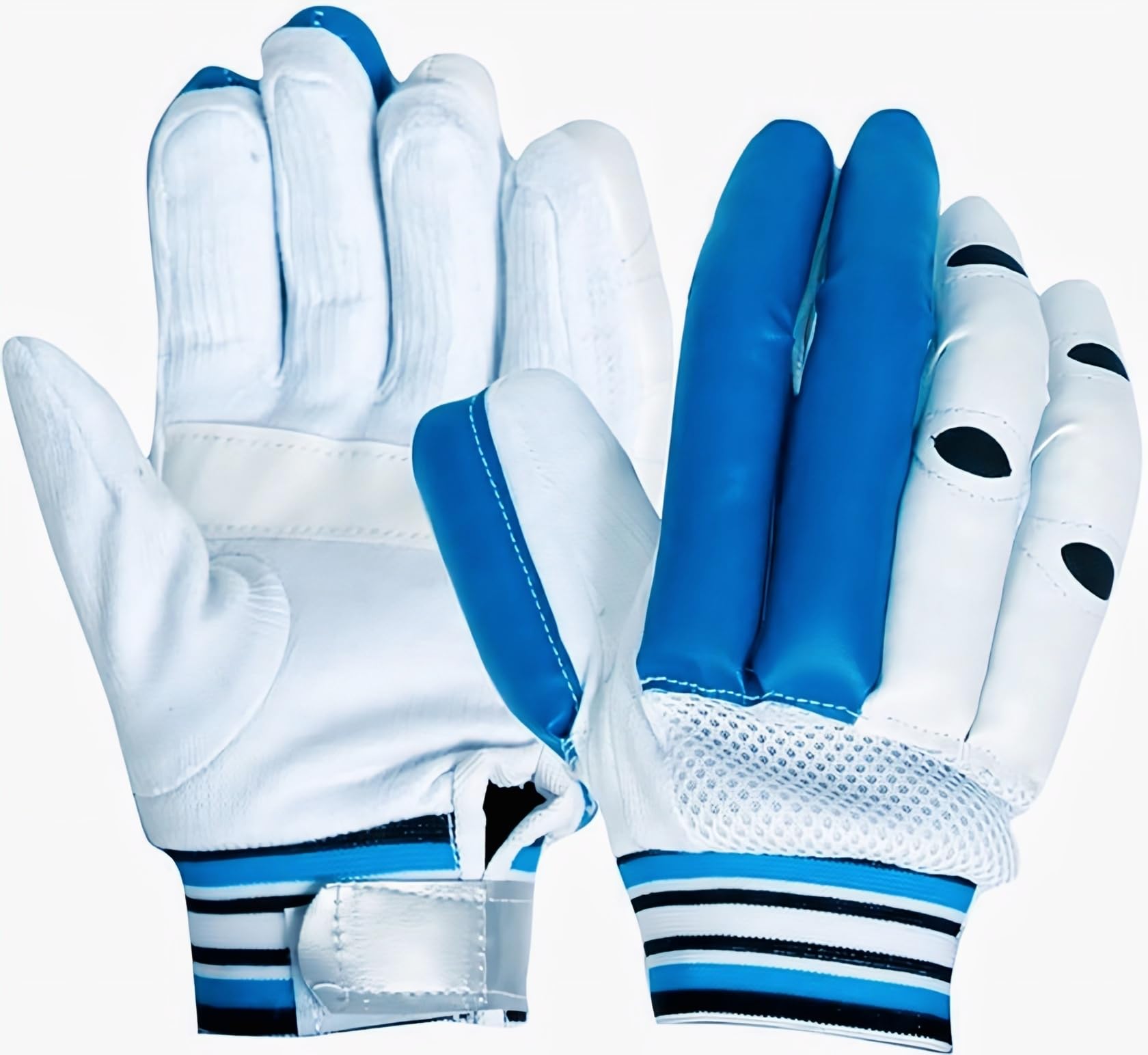 Cricket Batting Gloves, Blue and White, Leather, Ventilated Fingers, Padded Protection, Striped Wrist Band-picture-18