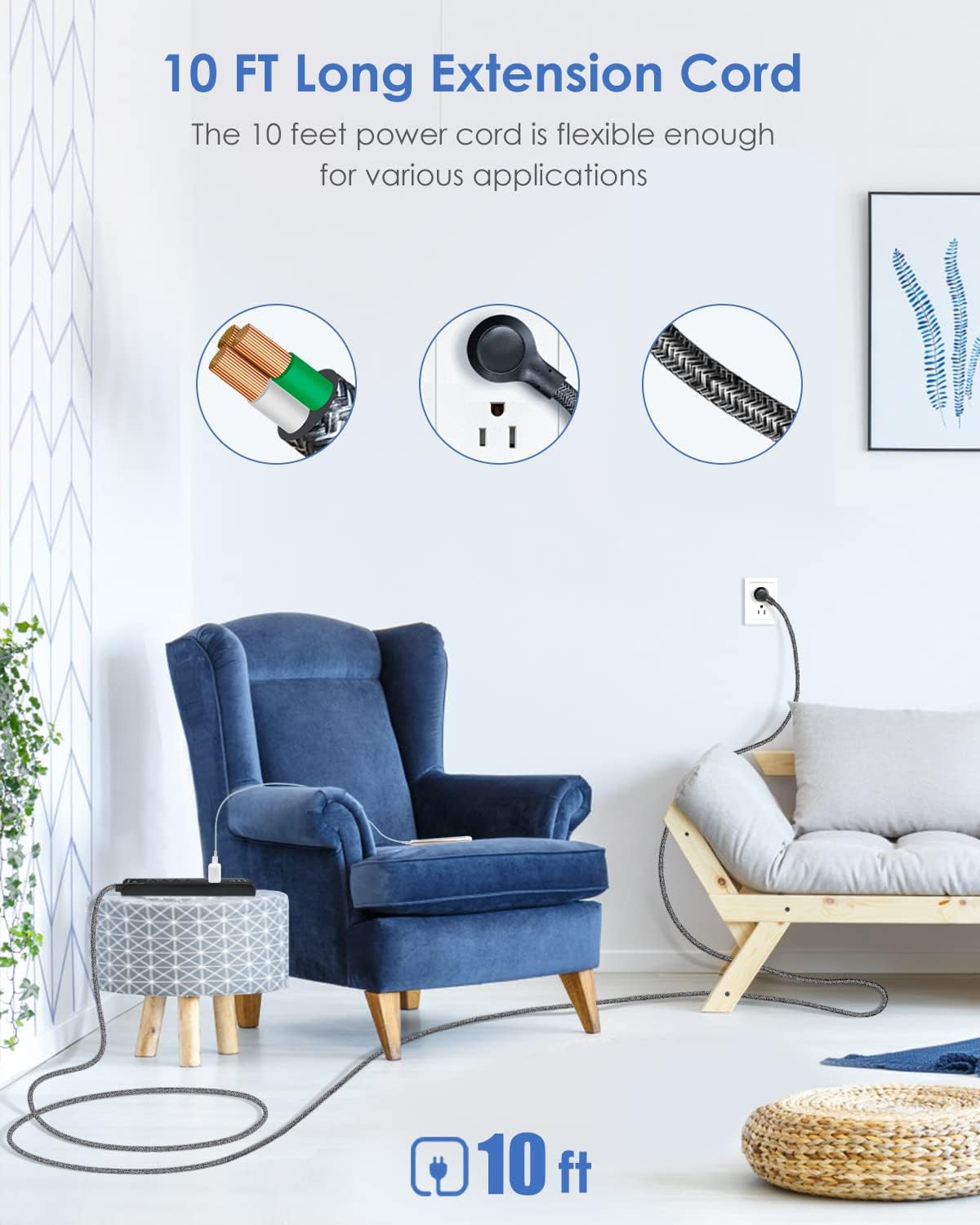 10Ft Long Surge Protector Power Strip - Extension Cord with Multiple Outlets, 5 Widely Outlets 3 USB Charging Ports, Flat Plug Overload Surge Protection, Wall Mount for Home, Office ETL Listed, 2 Pack