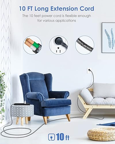 Miniatura 2 de Regleta protectora de sobretensiones de 10 pies de largo, cable de extensión con múltiples tomas, 5 tomas de corriente amplias, 3 puertos de carga