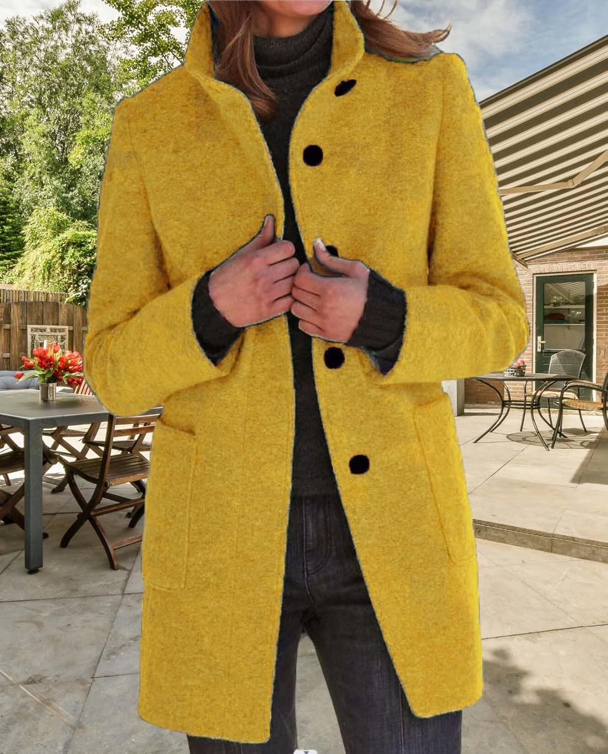 Womens Winter Long Vintage Solid Color Coat Wool Blend Standing Collar Button Thickened Jacket - Image 2