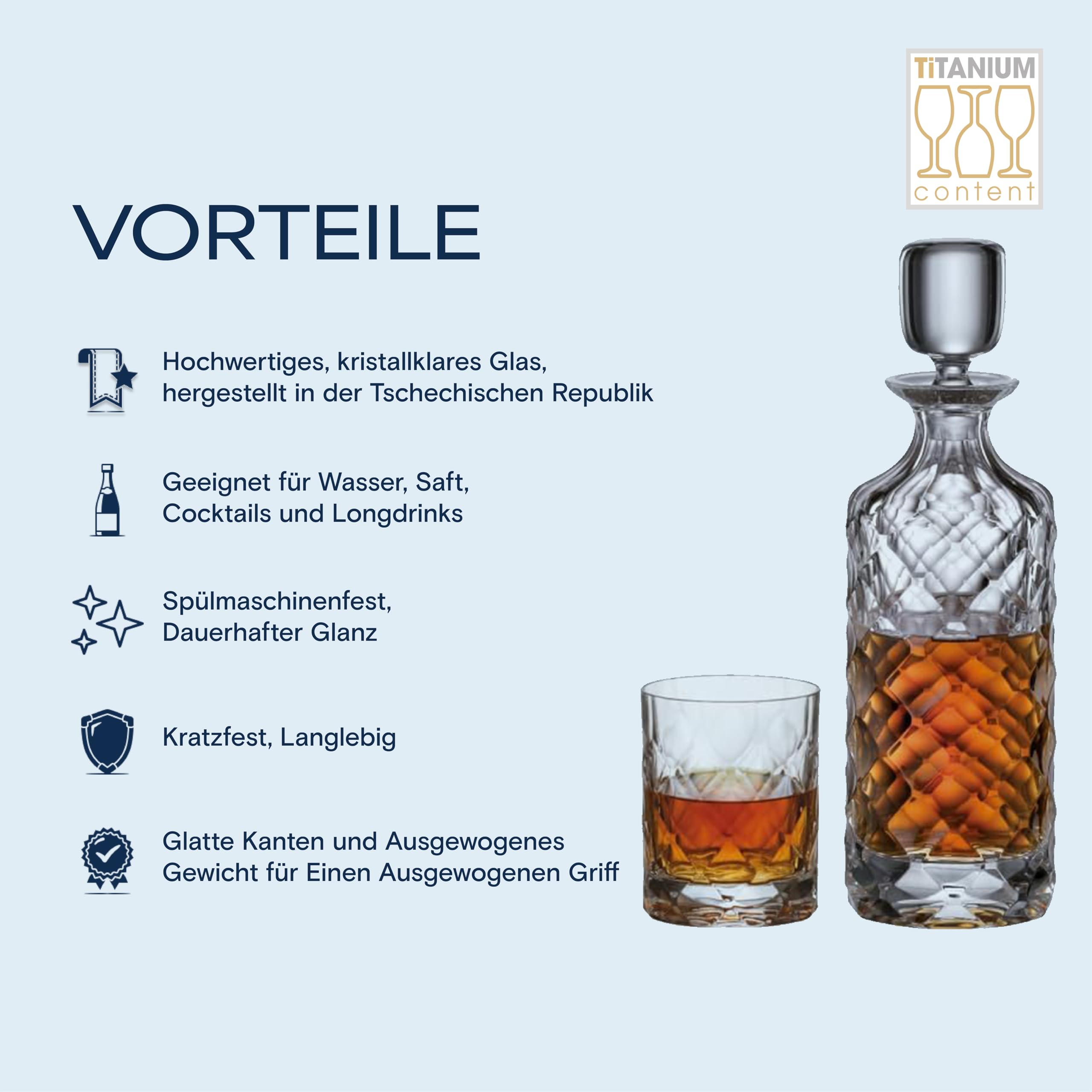 Crystal Bohemia Whiskyglas-Set - Spülmaschinenfeste Karaffe und 6 kratzfeste Whiskygläser (je 300 ml) - Perfekt für Familien, im Freien, Restaurants und Partys - Geschenkidee aus Kristallglas