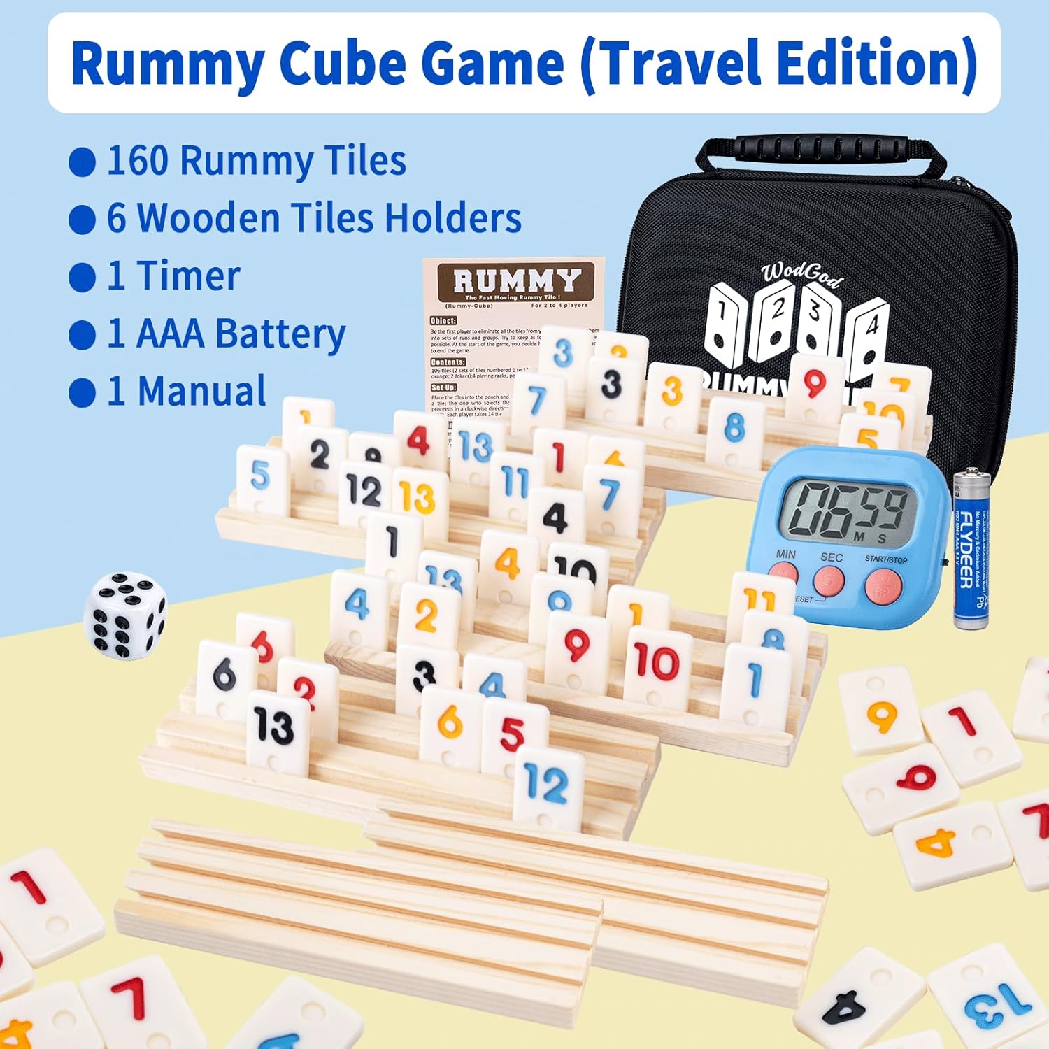 WodGod 6 Player Travel Rummy Cube Game Set, Travel Size Rummy Cube, Mini Rummy Cube Game with 160 Mini Tiles,6 Racks,1Timer,1 Portable Case for Family Classic Party Game