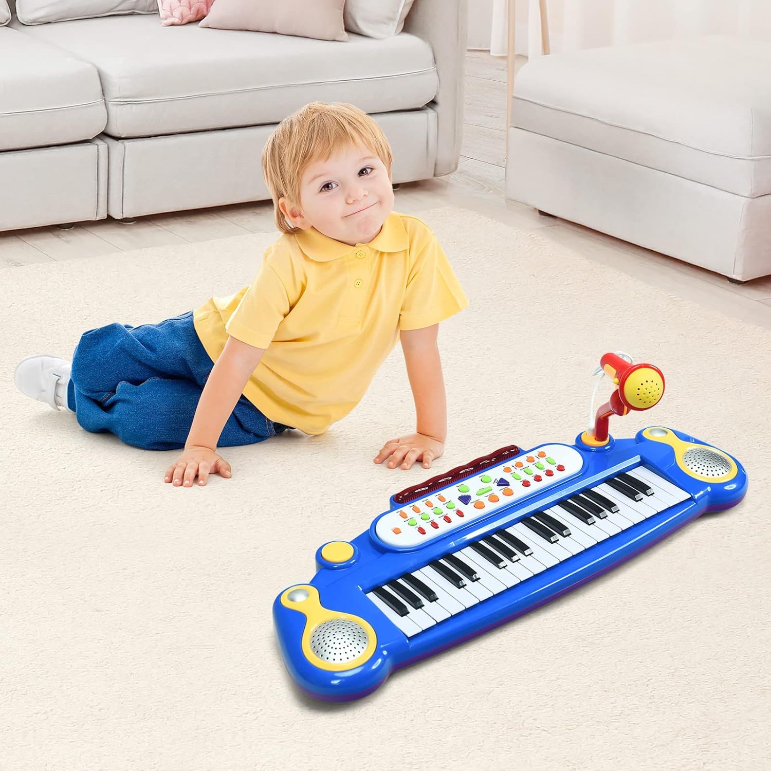 OLAKIDS Kids Piano Keyboard with Microphone, 37 Keys Electronic Musical Instrument Toy with Stool, Lights Record Playback MP3, Toddlers Educational Birthday Gift for Boys Girls Age 3+
