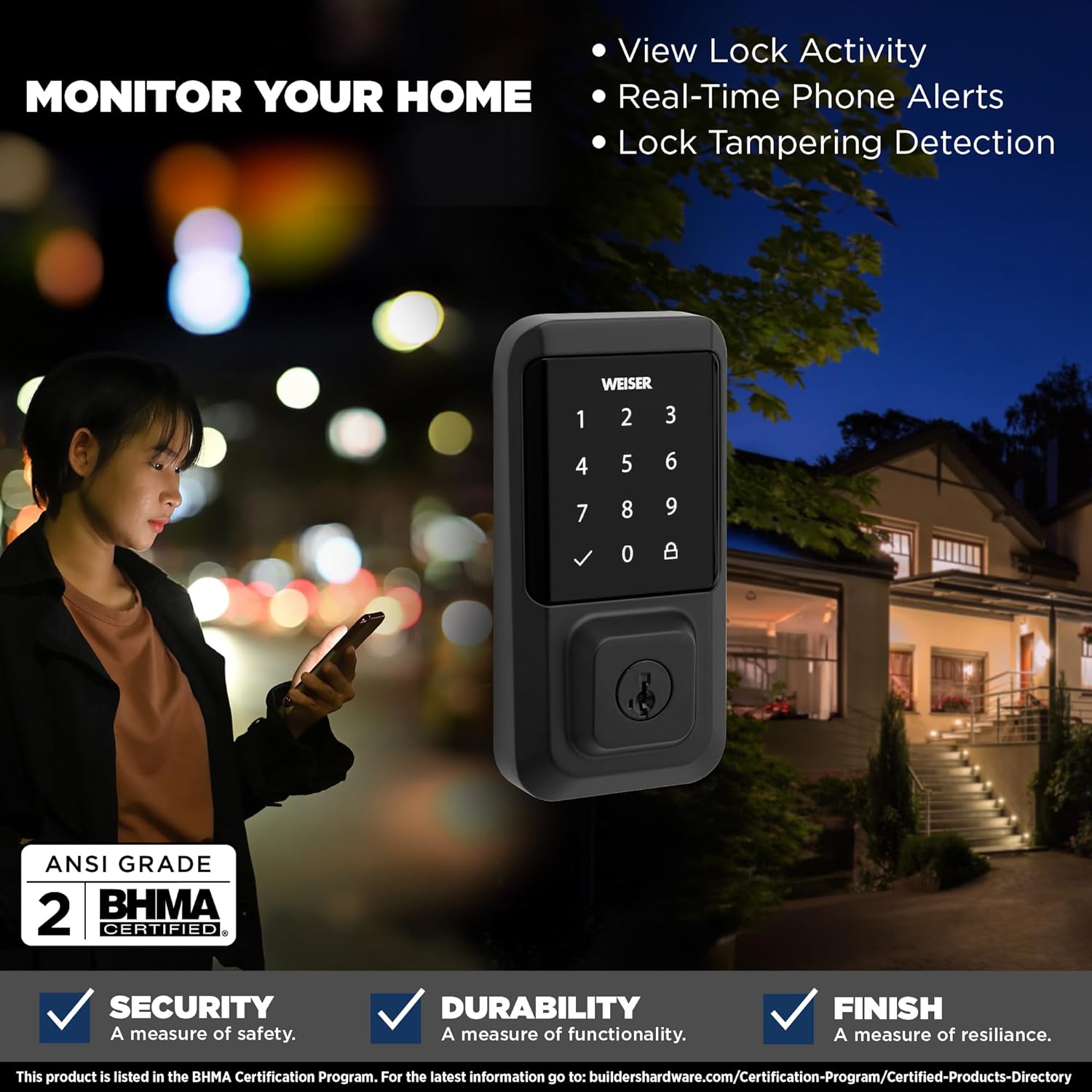 A Weiser Halo Smart Lock on a door, with a smart speaker nearby, demonstrating voice control integration with Alexa and Google Home.